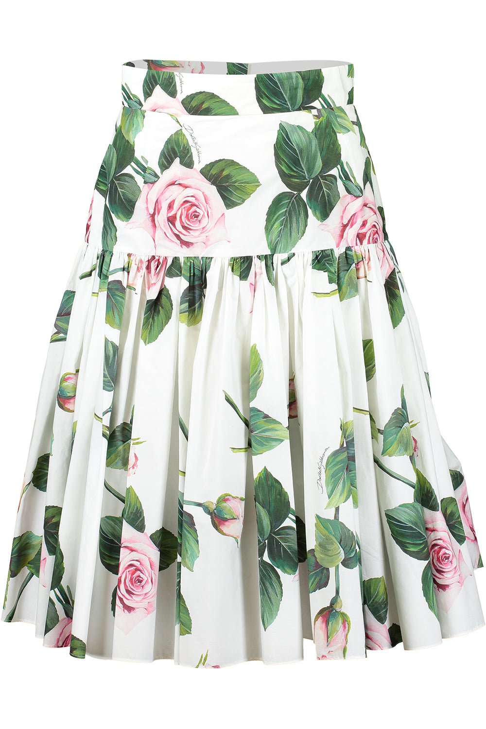 DOLCE & GABBANA-Tropical Rose Print Tiered Poplin Skirt-ROSE