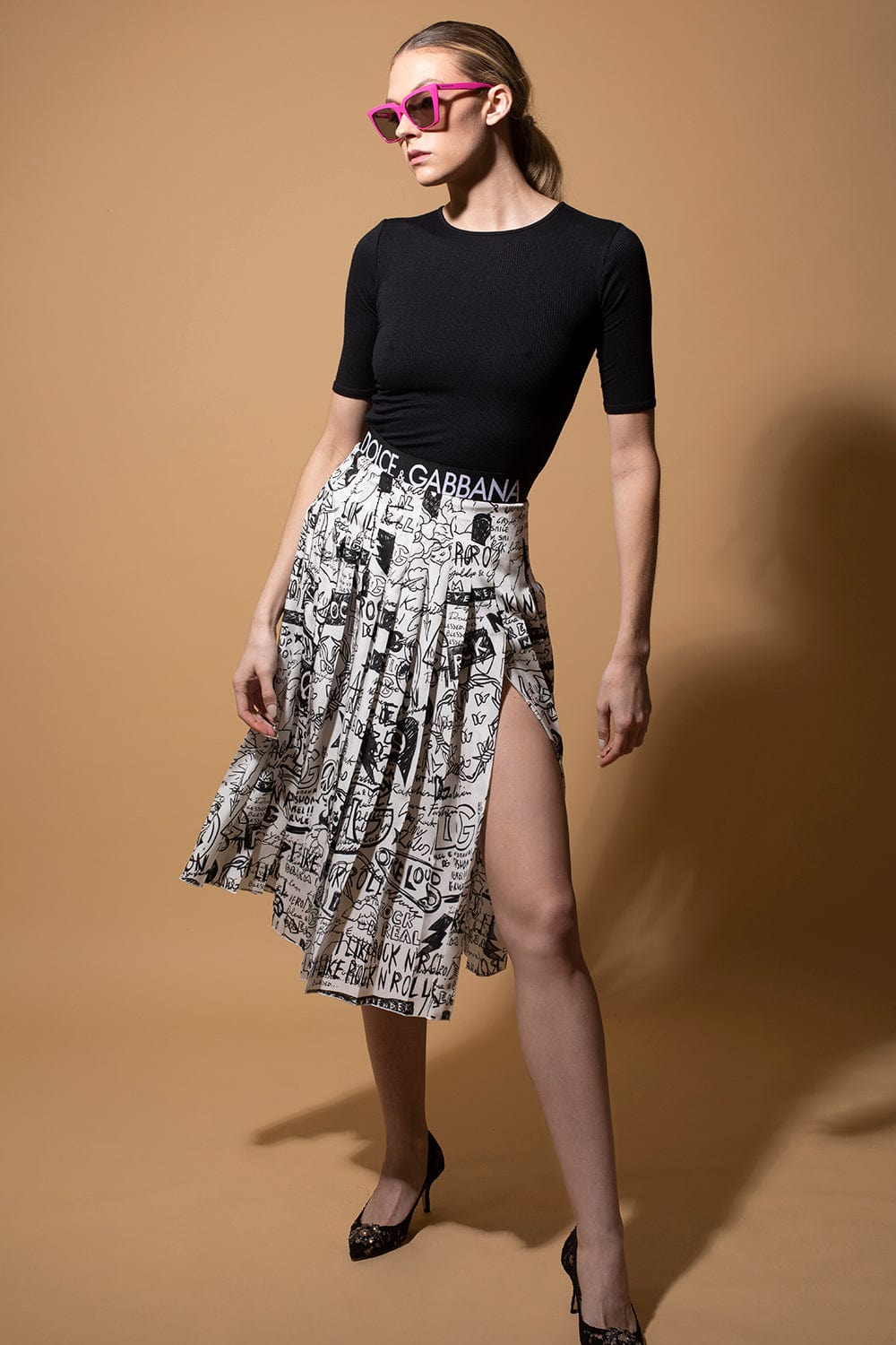 DOLCE & GABBANA-Printed Midi Pleated Skirt-