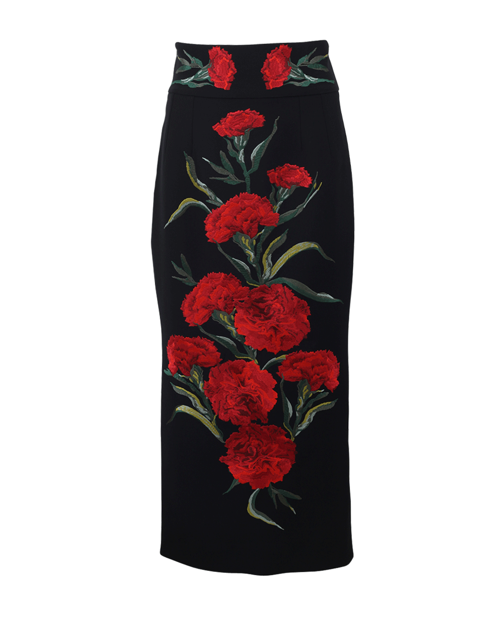 DOLCE & GABBANA-Rose Embroidered Slim Skirt-BLACK