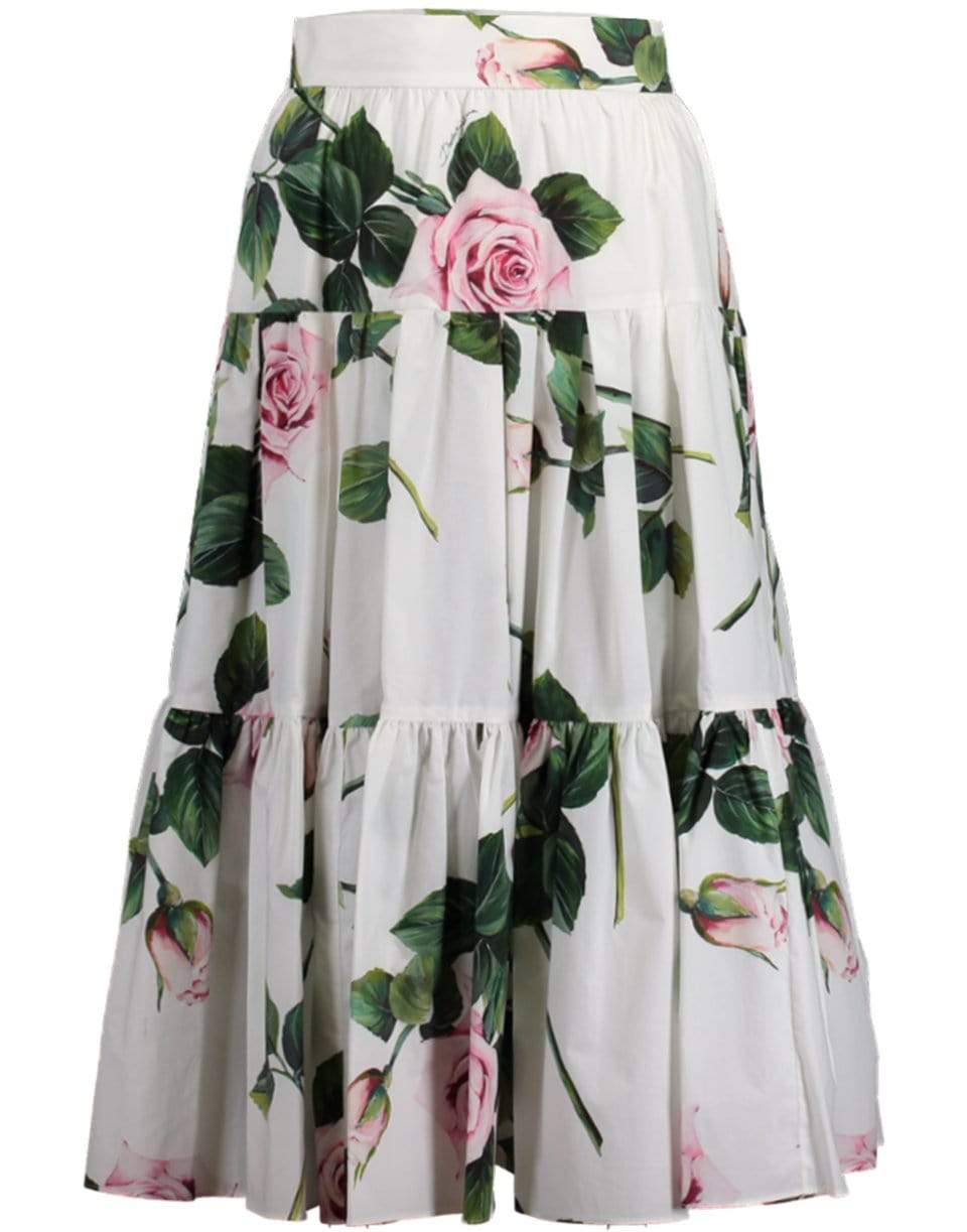 DOLCE & GABBANA-Tropical Rose Print Tiered Poplin Skirt-