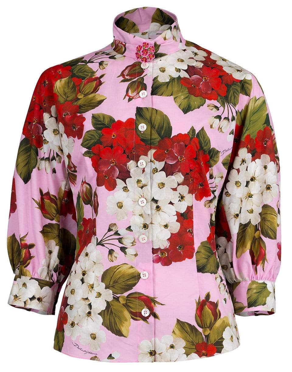 DOLCE & GABBANA-Puff Sleeve Rose Print Blouse-