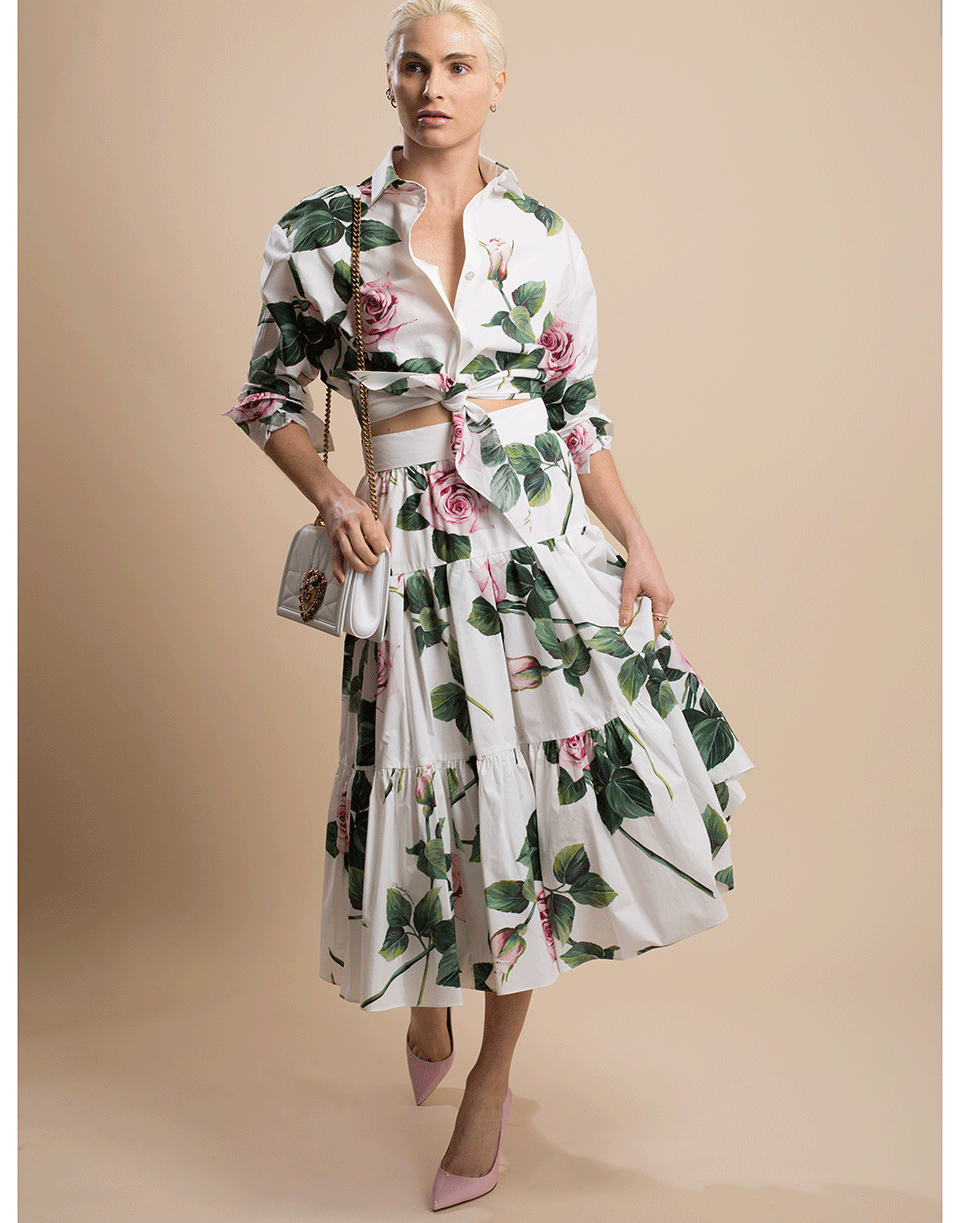 DOLCE & GABBANA-Tropical Rose Print Cropped Tie Blouse-