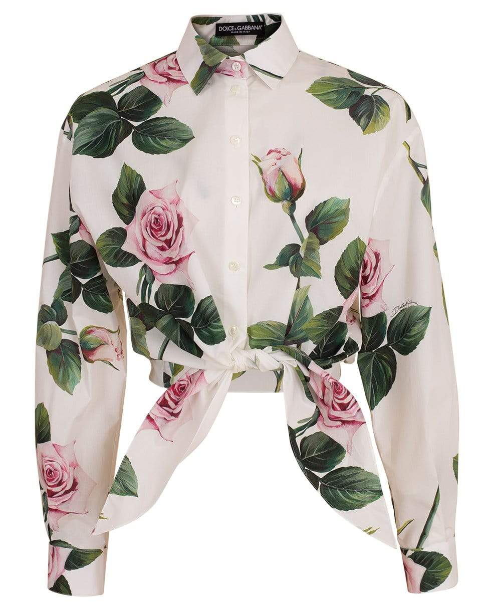 DOLCE & GABBANA-Tropical Rose Print Cropped Tie Blouse-