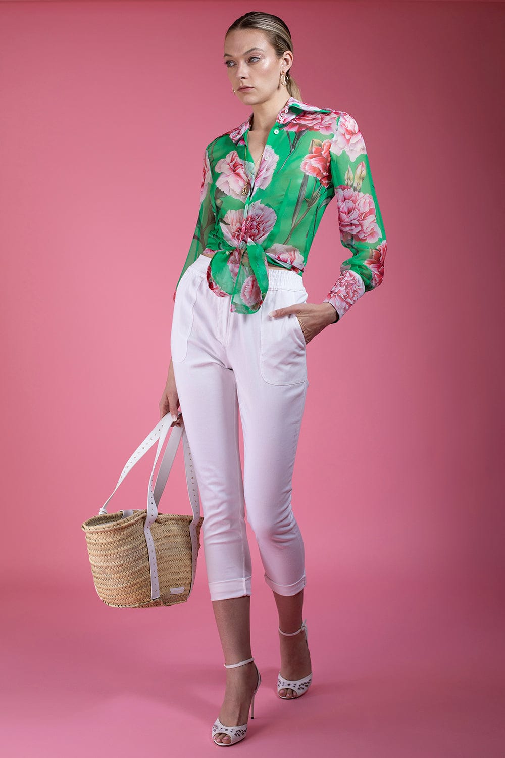 DOLCE & GABBANA-Long Sleeve Carnation Chiffon Shirt-