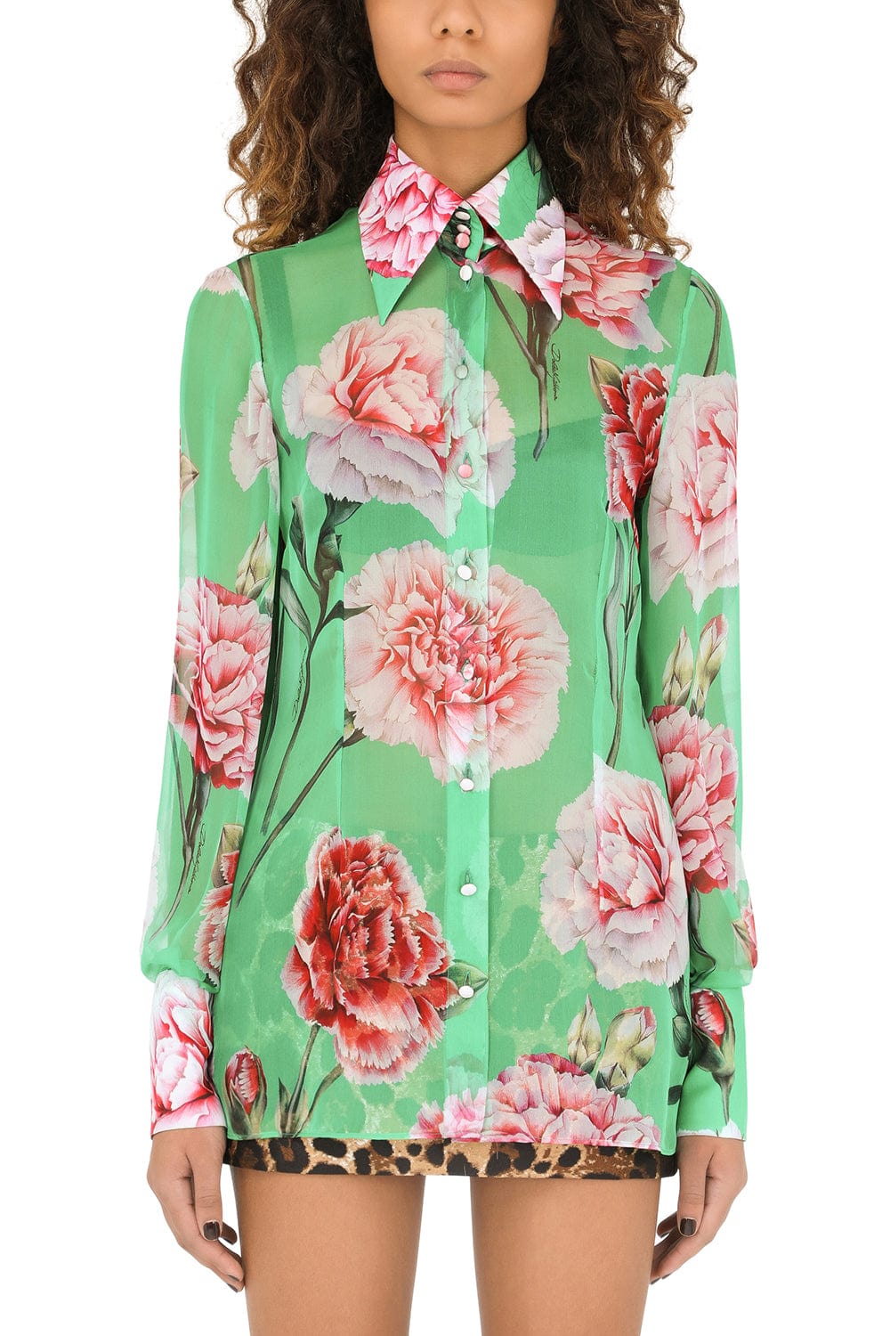 DOLCE & GABBANA-Long Sleeve Carnation Chiffon Shirt-
