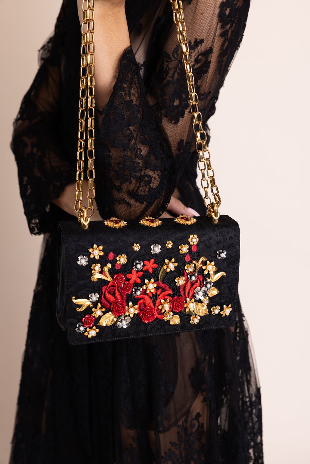 DOLCE & GABBANA-Floral Crystal Shoulder Bag-BLACK