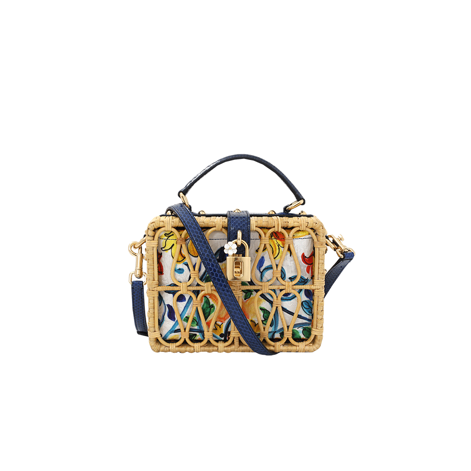 DOLCE & GABBANA-Rattan Maiolica Print Box Bag-WHT/MLTI