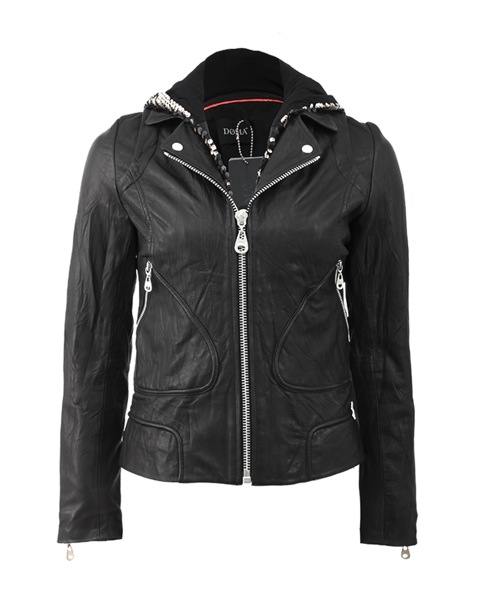 DOMA-Leather Jacket With Sequin Hood-