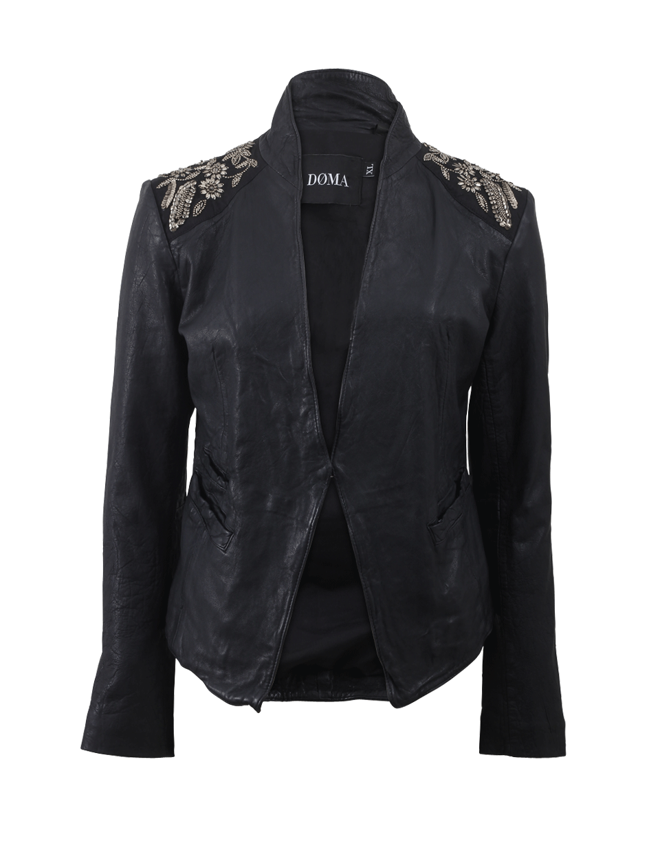 DOMA-Embroidered Shoulders Leather Blazer-