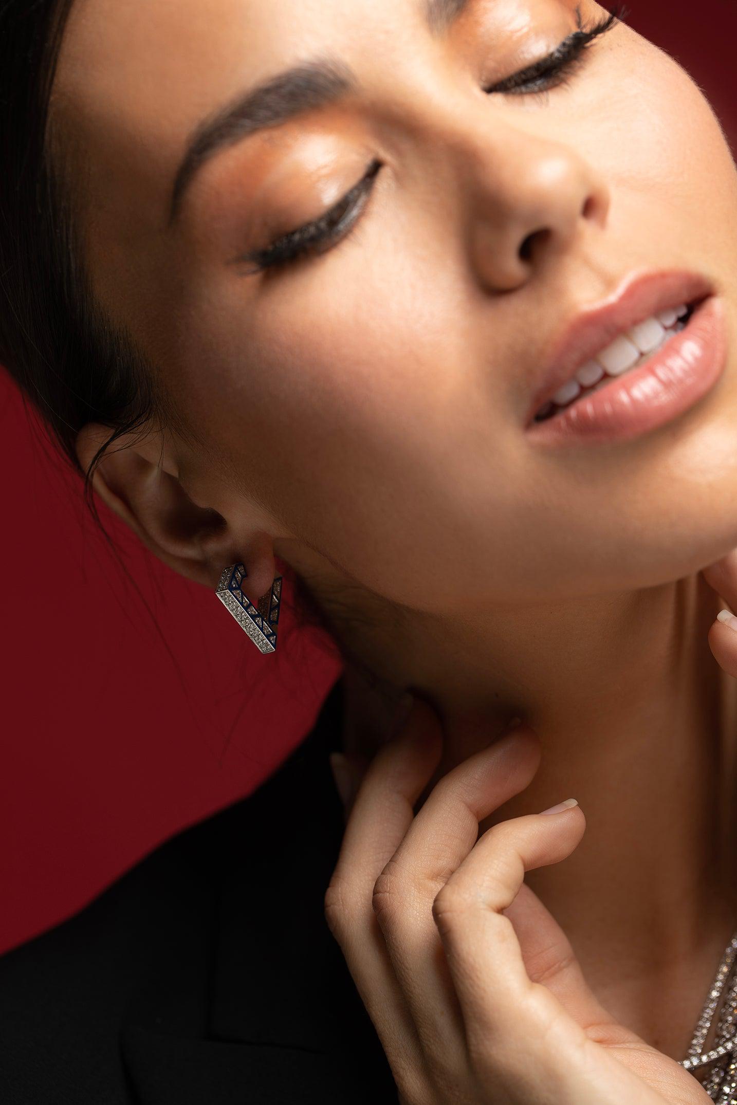 DRIES CRIEL-Blue Enamel Brute Maxi Earrings-WHITE GOLD