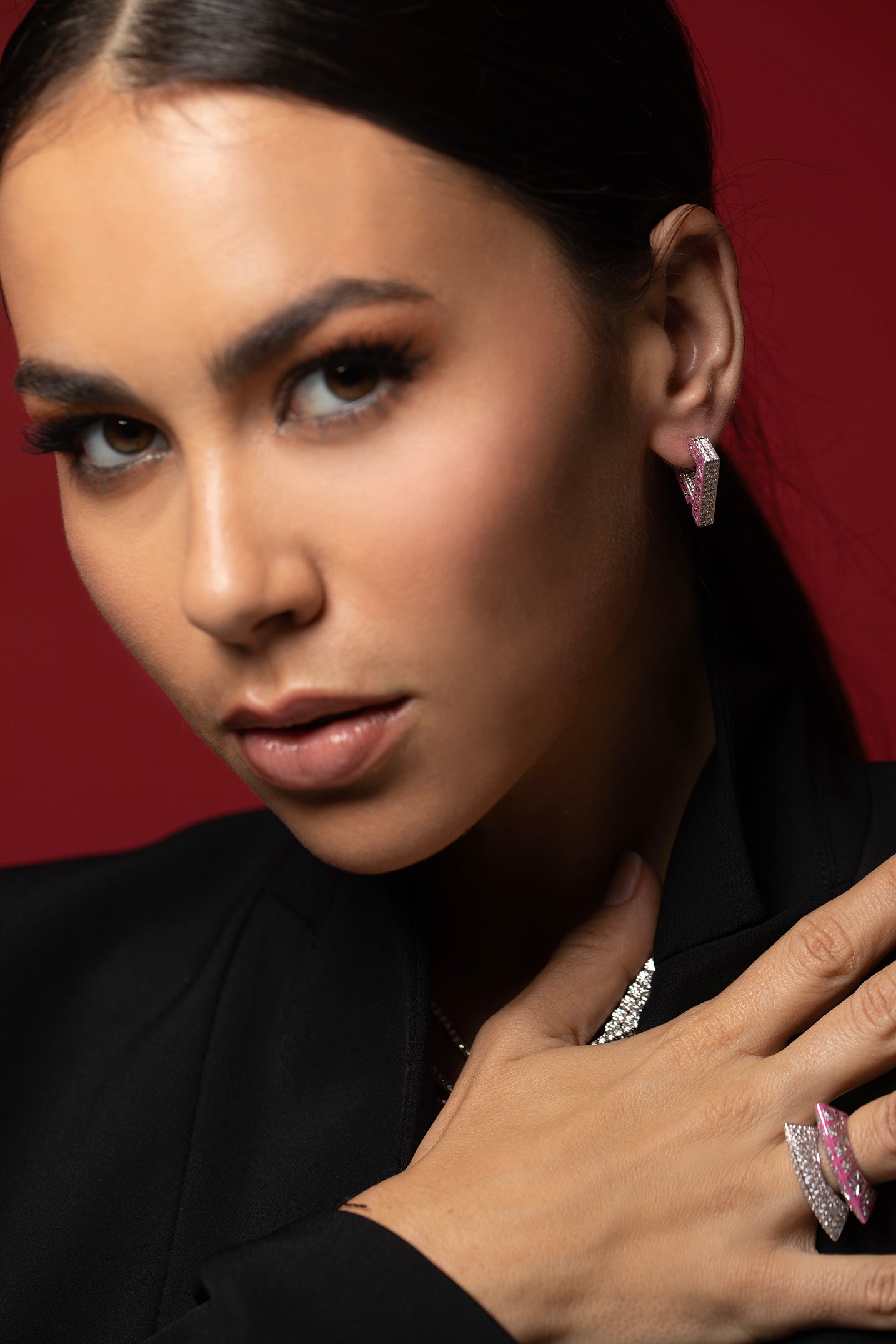DRIES CRIEL-Pink Enamel Brute Maxi Earrings-WHITE GOLD