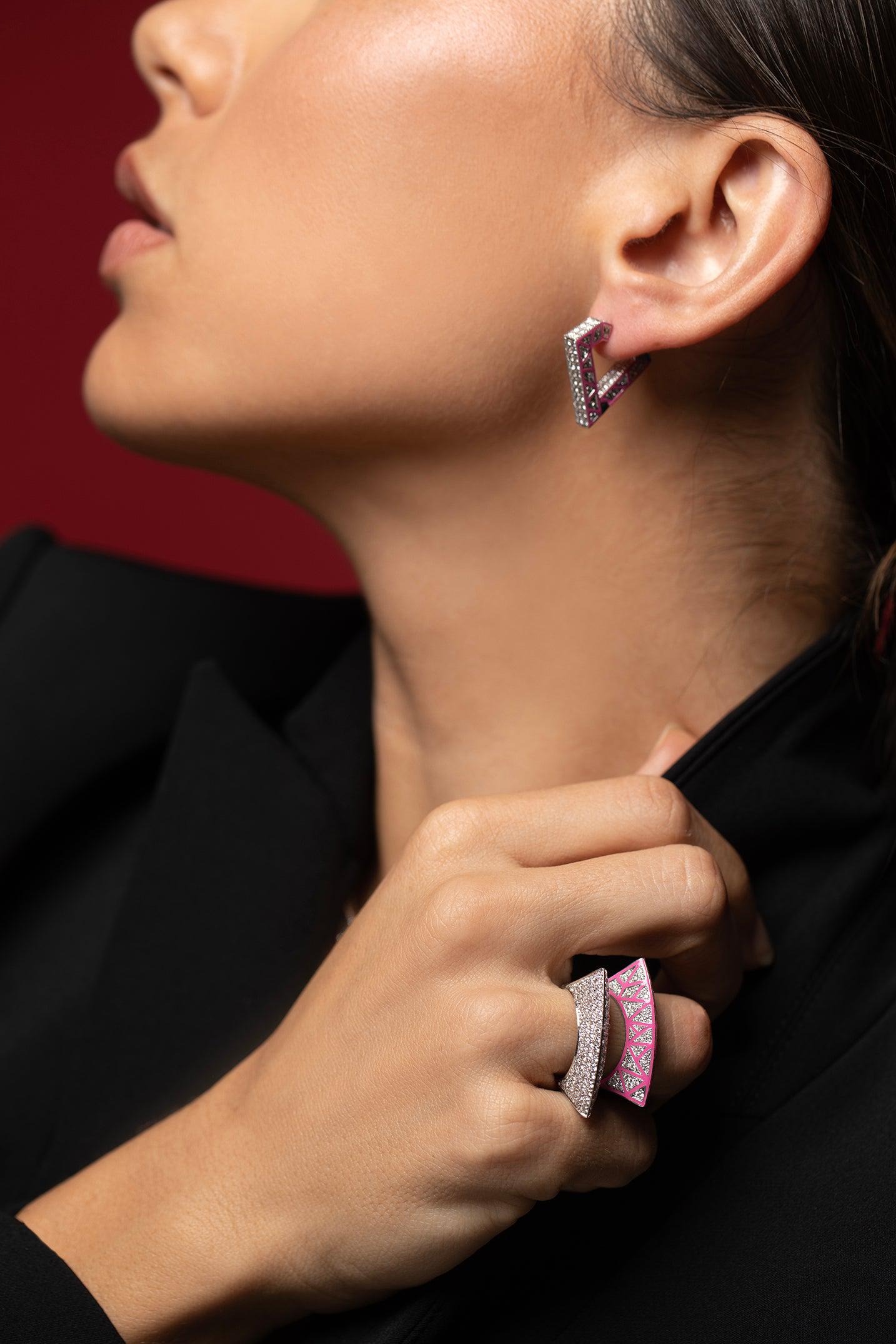 DRIES CRIEL-Pink Enamel Brute Maxi Earrings-WHITE GOLD