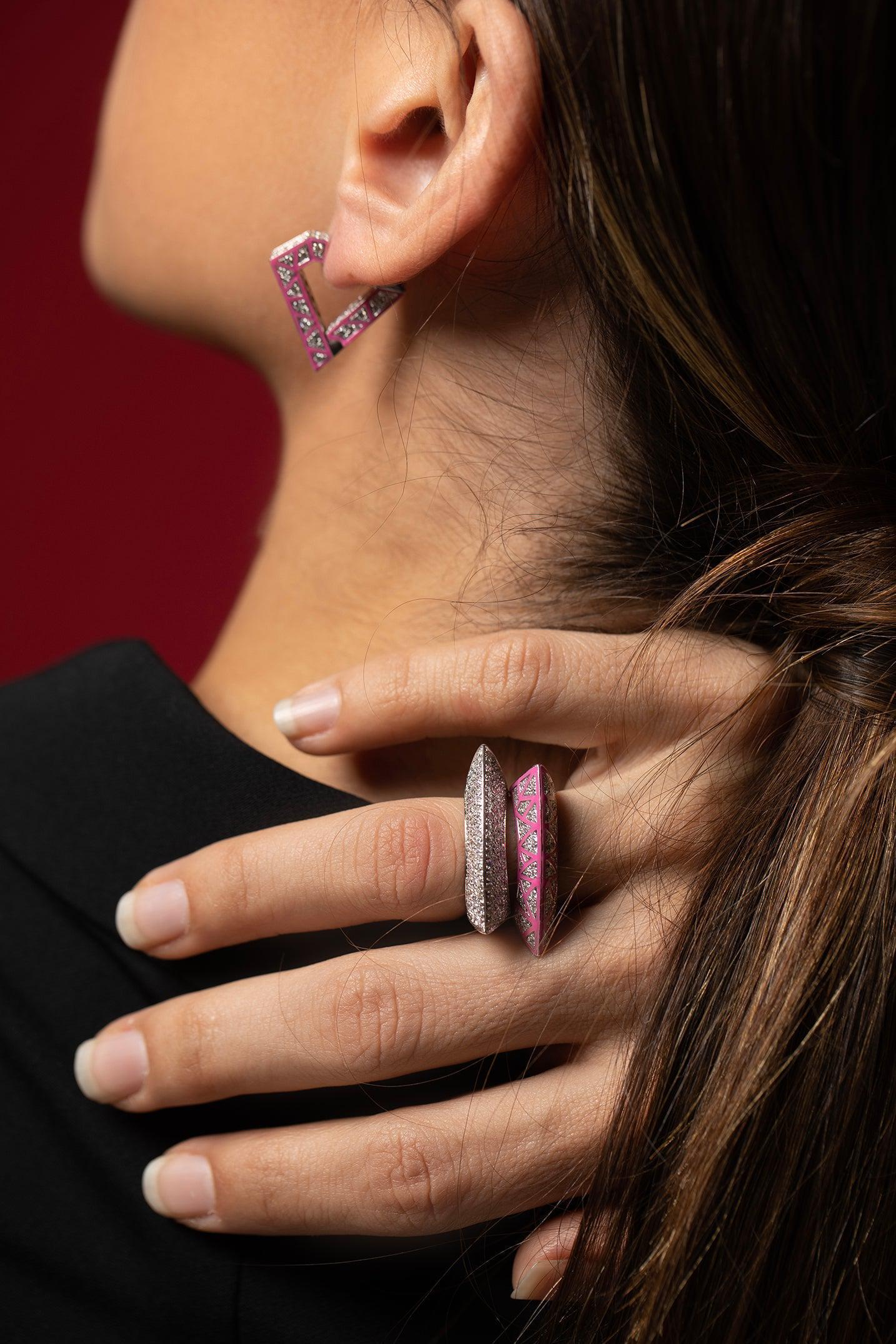 DRIES CRIEL-Pink Enamel Brute Maxi Earrings-WHITE GOLD
