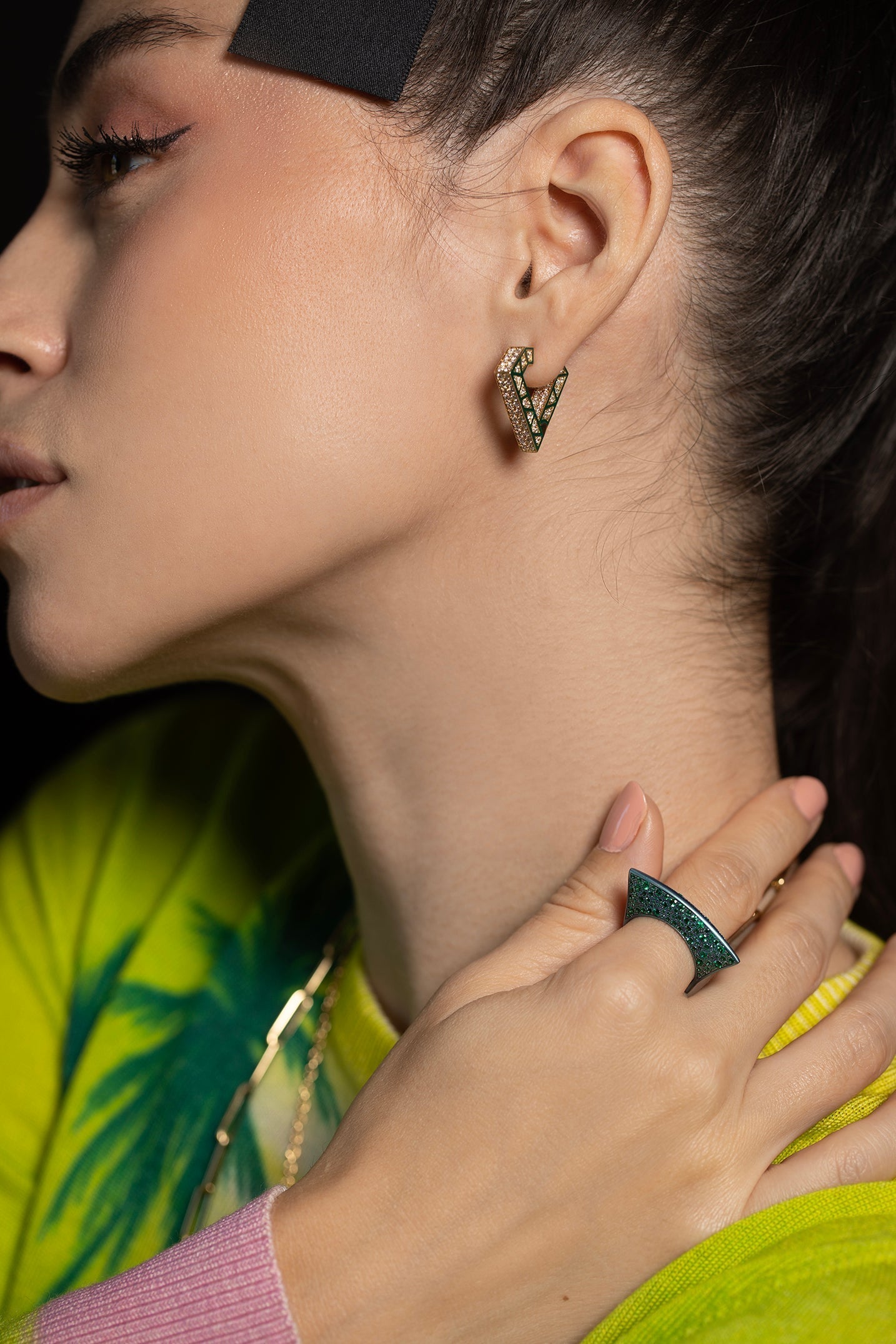 DRIES CRIEL-Green Enamel Brute Maxi Earrings-YELLOW GOLD