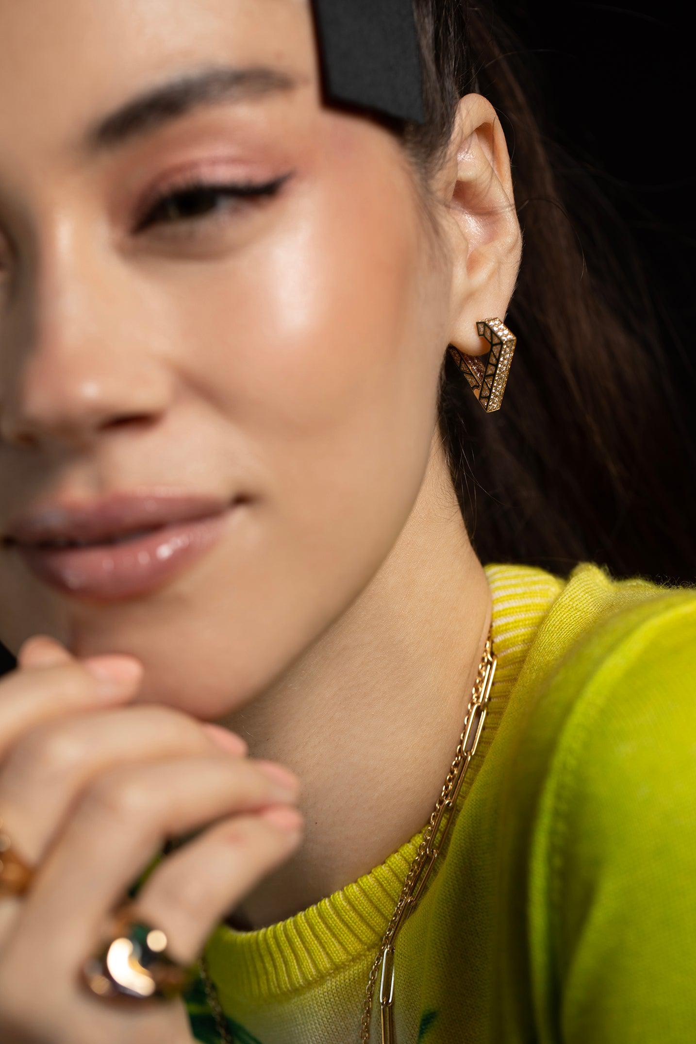 DRIES CRIEL-Green Enamel Brute Maxi Earrings-YELLOW GOLD