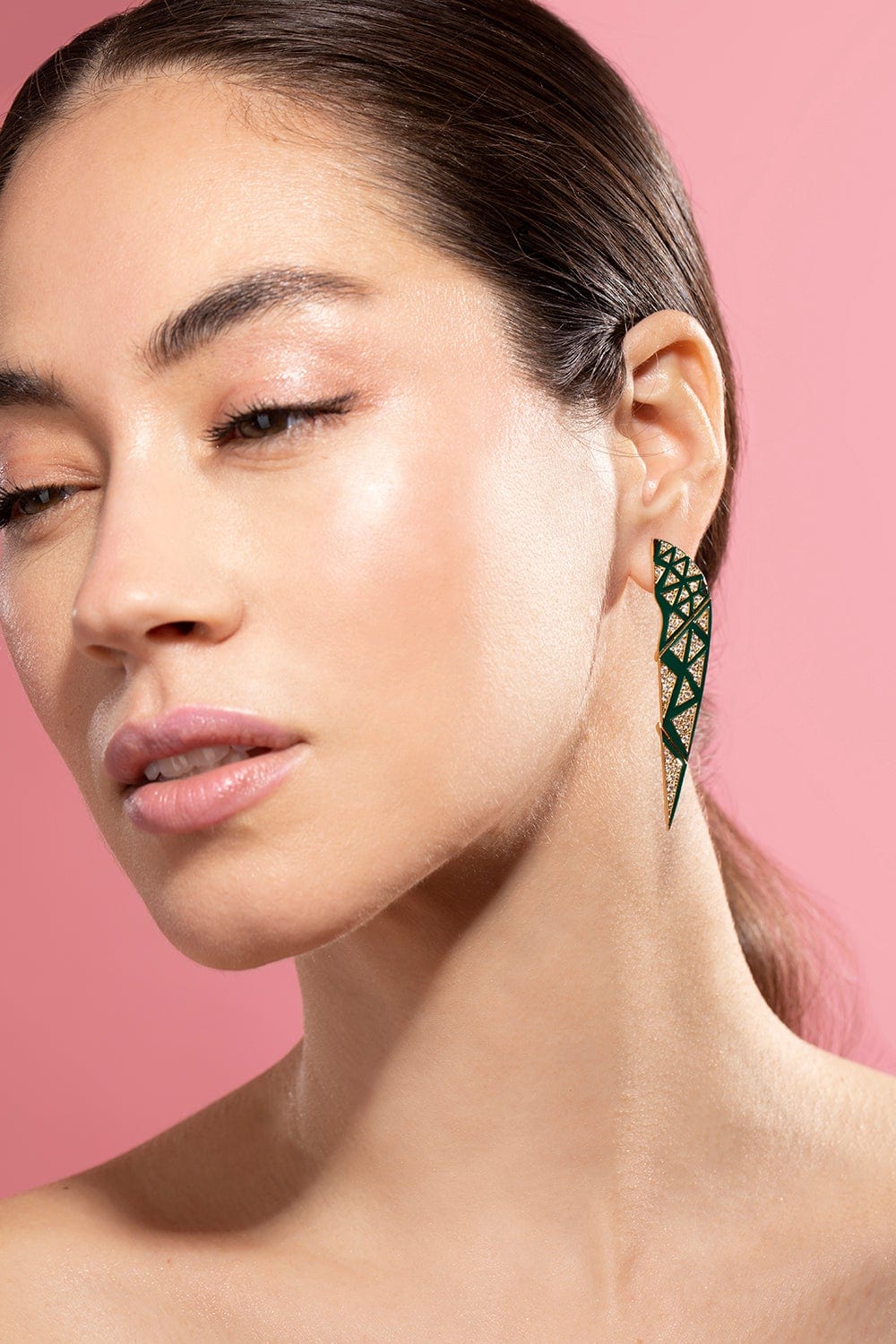 DRIES CRIEL-Green Enamel Sphinx Earrings-YELLOW GOLD