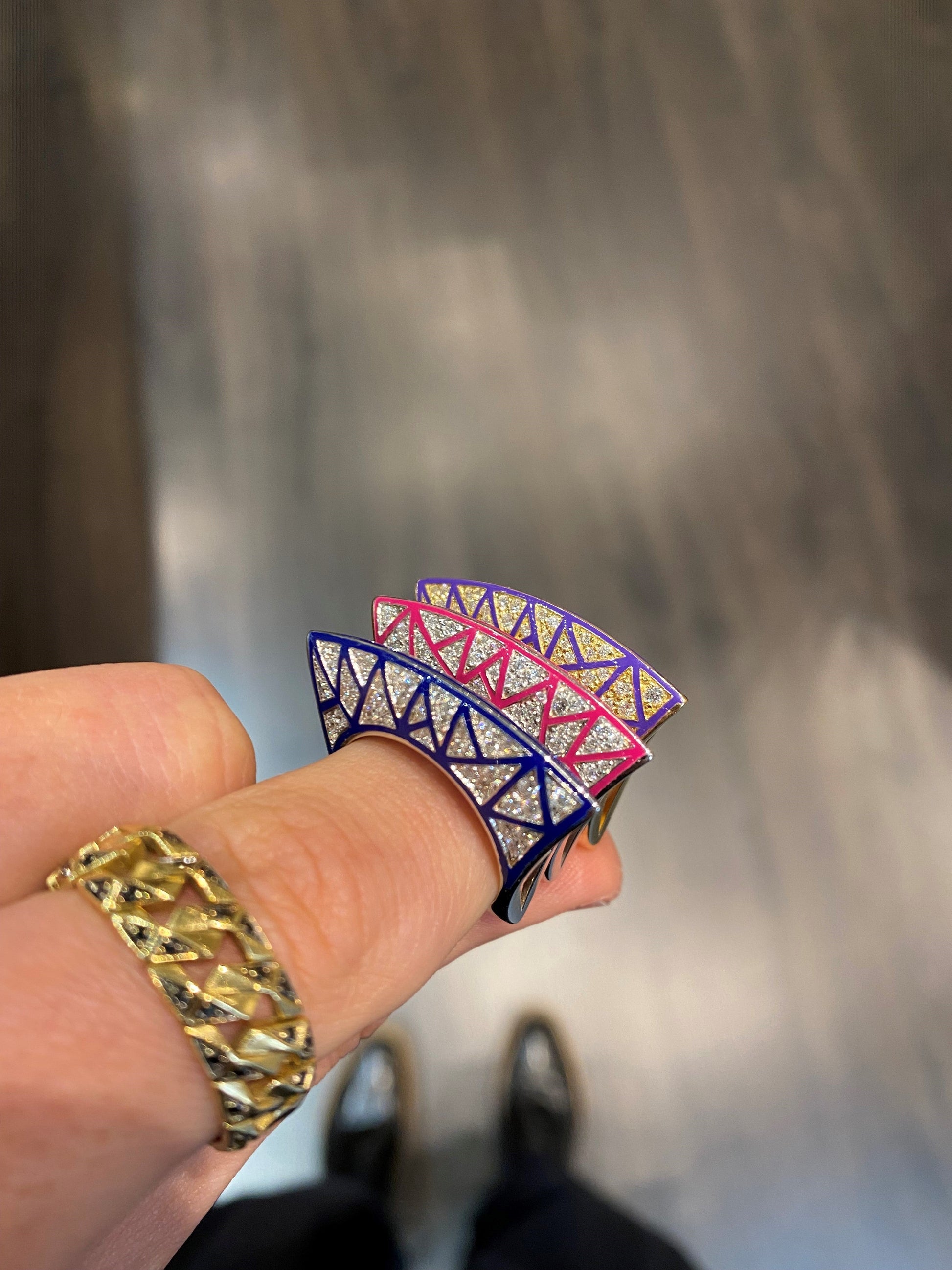 DRIES CRIEL-Purple Enamel Diamond lotus Ring-YELLOW GOLD