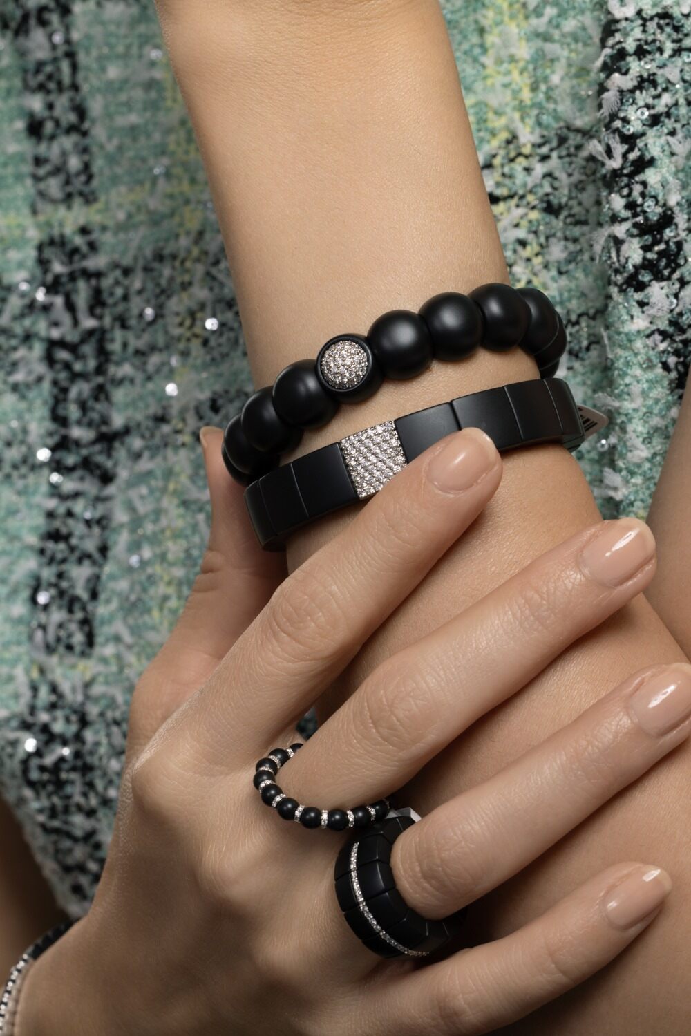Diamond Section Matte Black Domino Stretch Bracelet-WHITE GOLD-JEWELRYFINE JEWELBRACELET O-ROBERTO DEMEGLIO