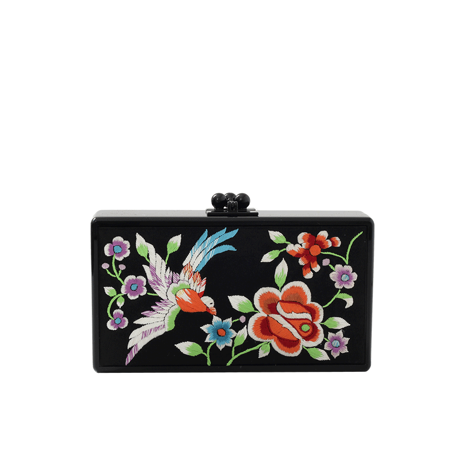 EDIE PARKER-Jean Satin Embroidery Clutch-BLACK