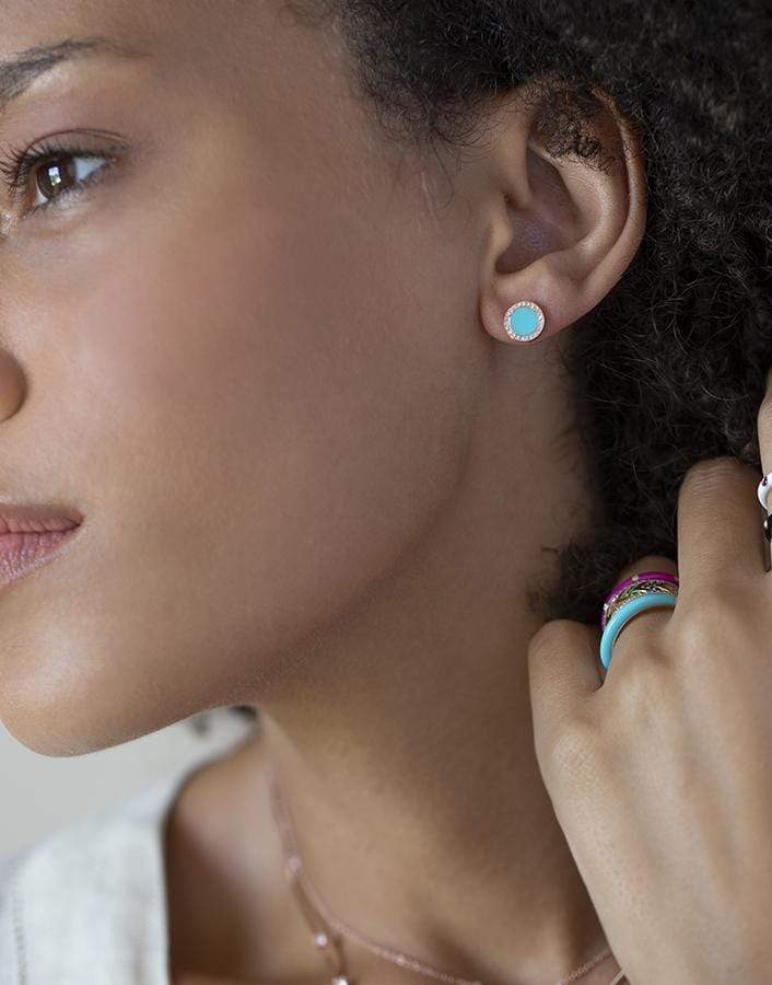 EF COLLECTION-Diamond and Turquoise Enamel Disc Studs-ROSE GOLD