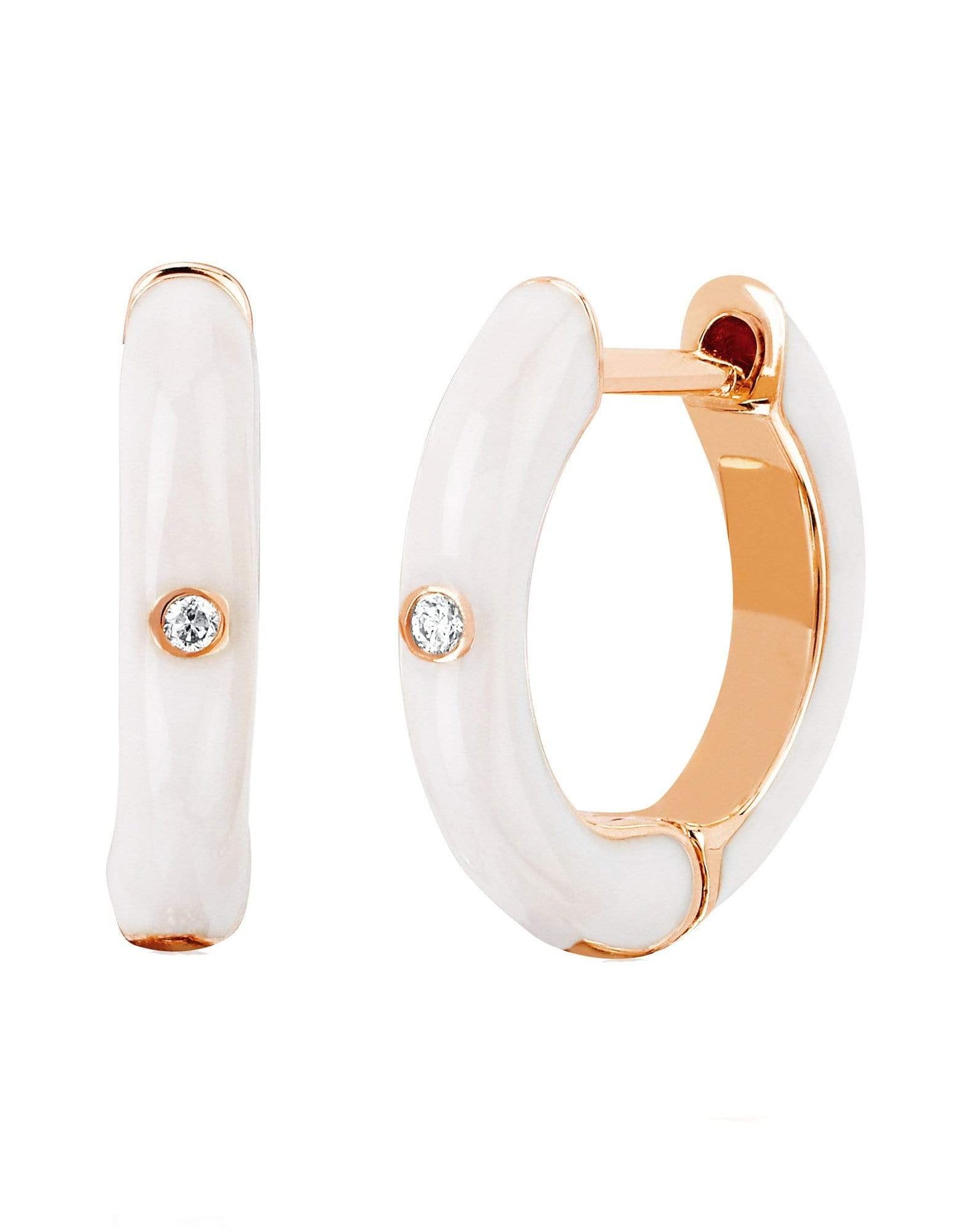 EF COLLECTION-White Enamel and Diamond Huggies-ROSE GOLD