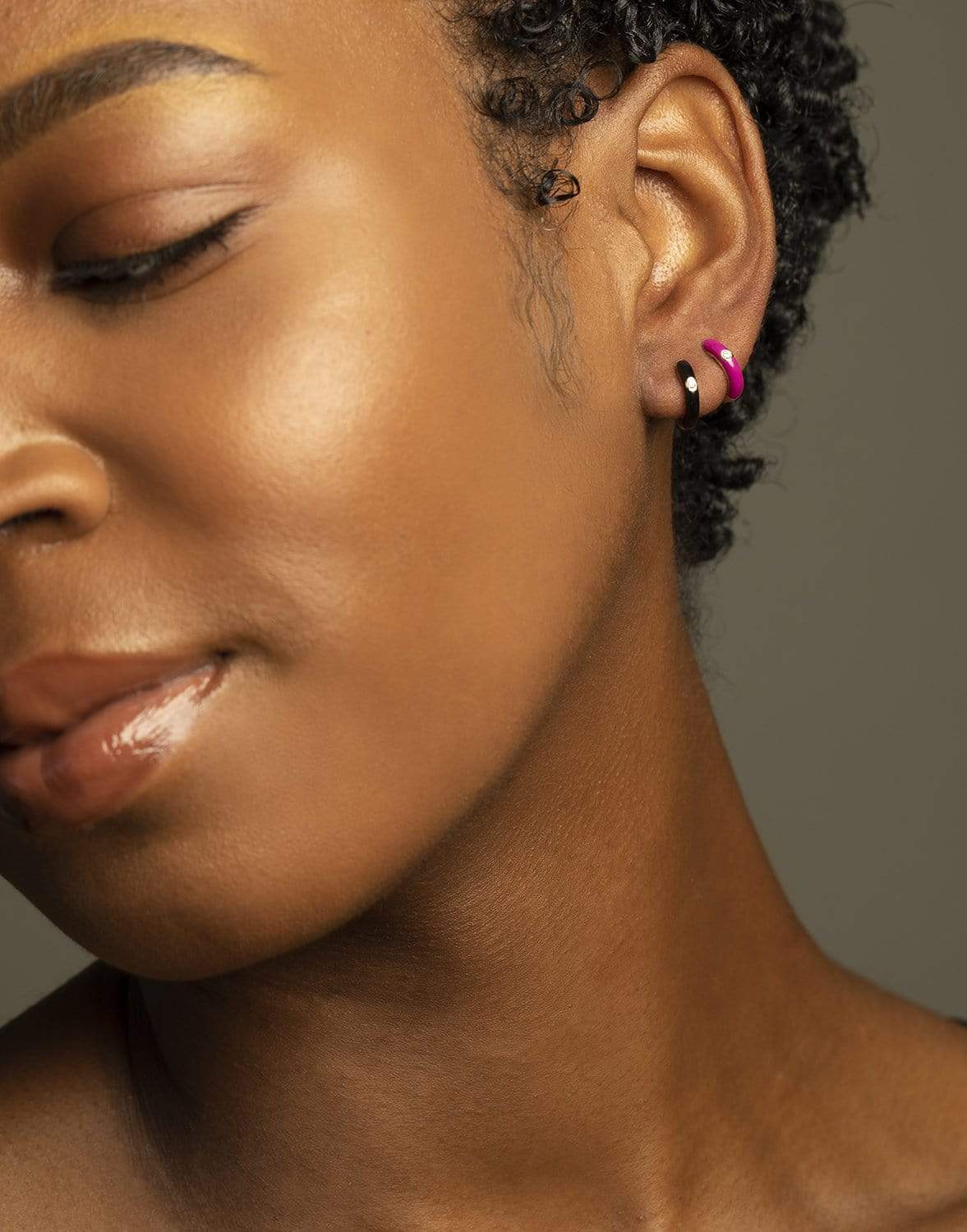 EF COLLECTION-Diamond Lavendar Enamel Huggie Earrings-YELLOW GOLD