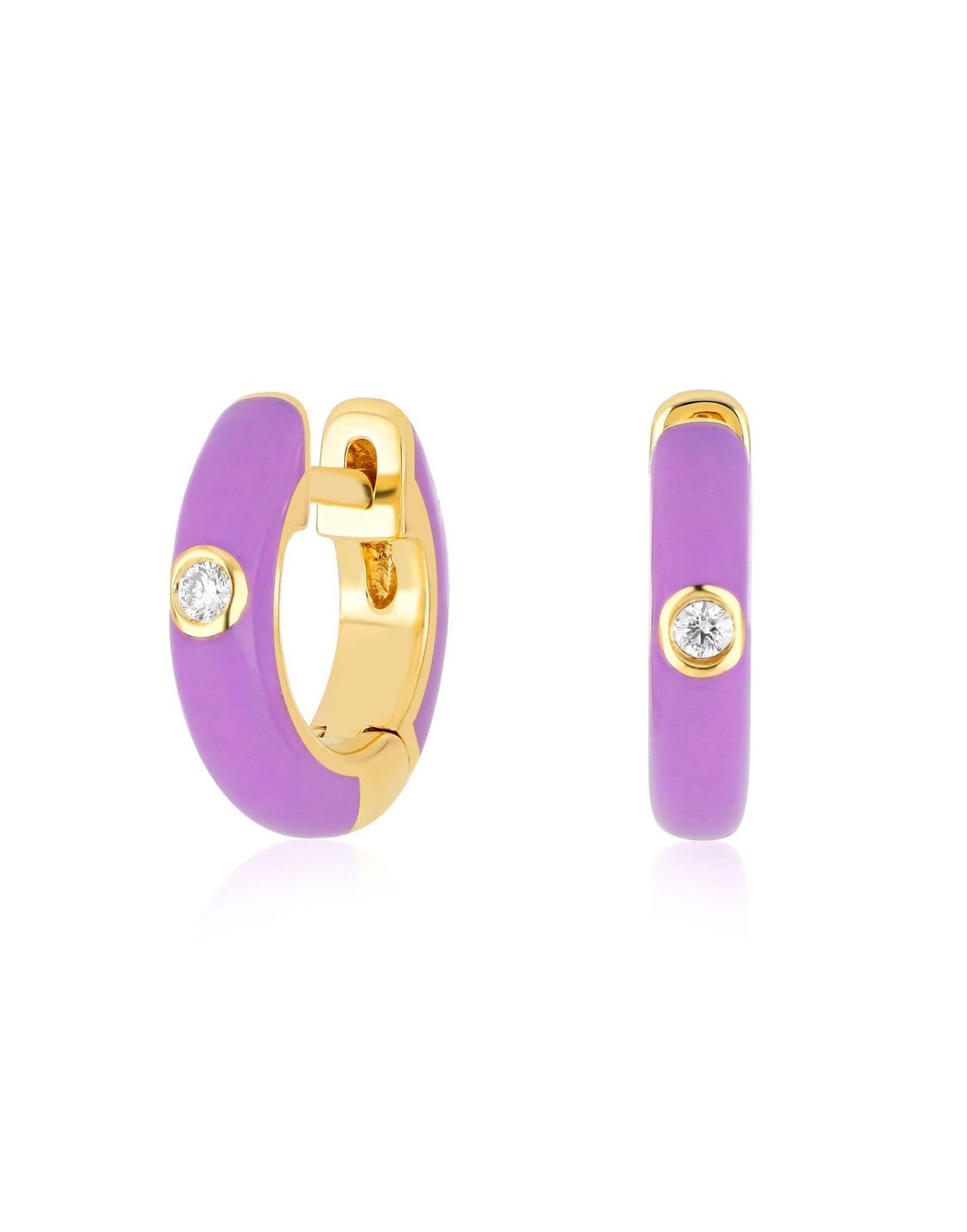 EF COLLECTION-Diamond Lavendar Enamel Huggie Earrings-YELLOW GOLD