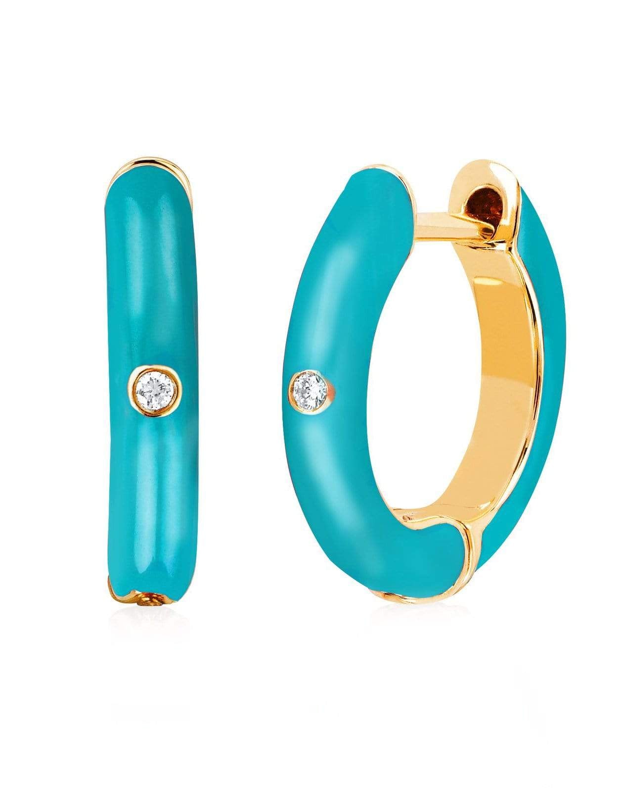 EF COLLECTION-Diamond Turquoise Enamel Huggie Earrings-YELLOW GOLD