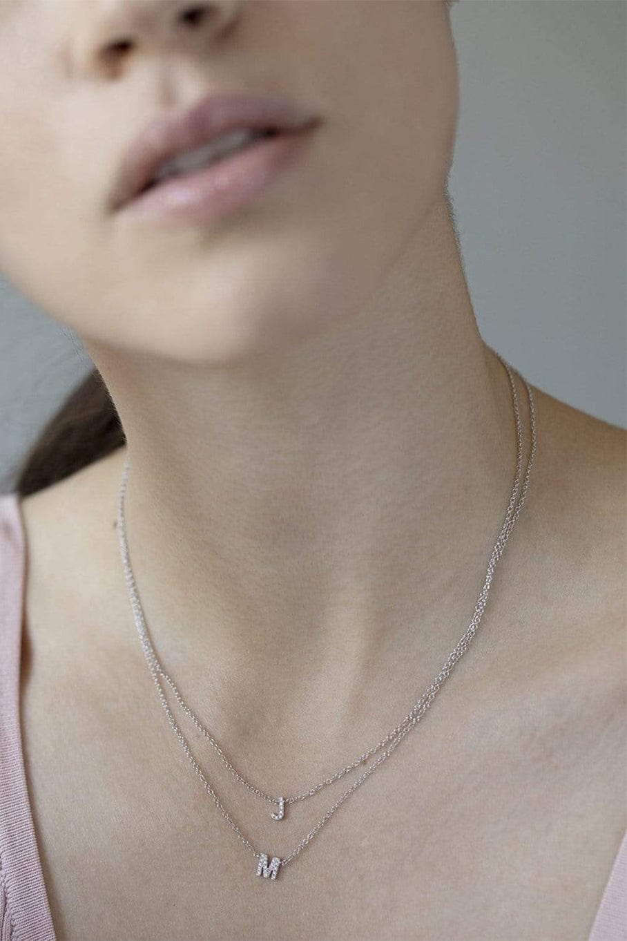 EF COLLECTION-Diamond Initial M Necklace-WHITE GOLD
