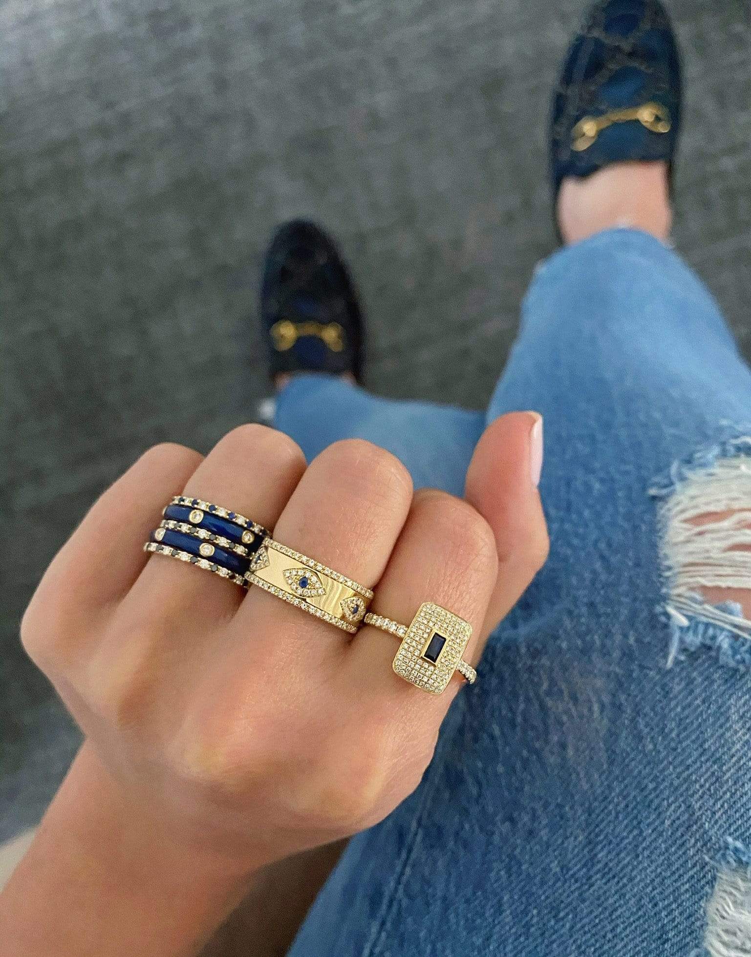EF COLLECTION-3 Diamond Navy Enamel Stack Ring-WHITE GOLD