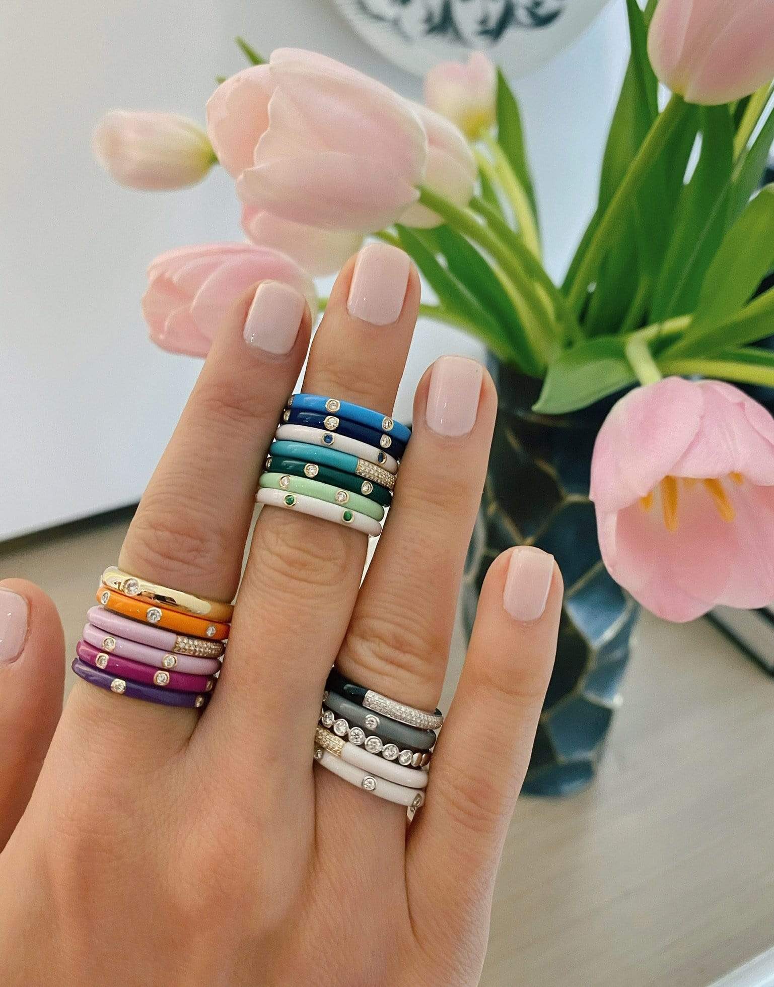 EF COLLECTION-3 Diamond Baby Blue Enamel Stack Ring-YELLOW GOLD