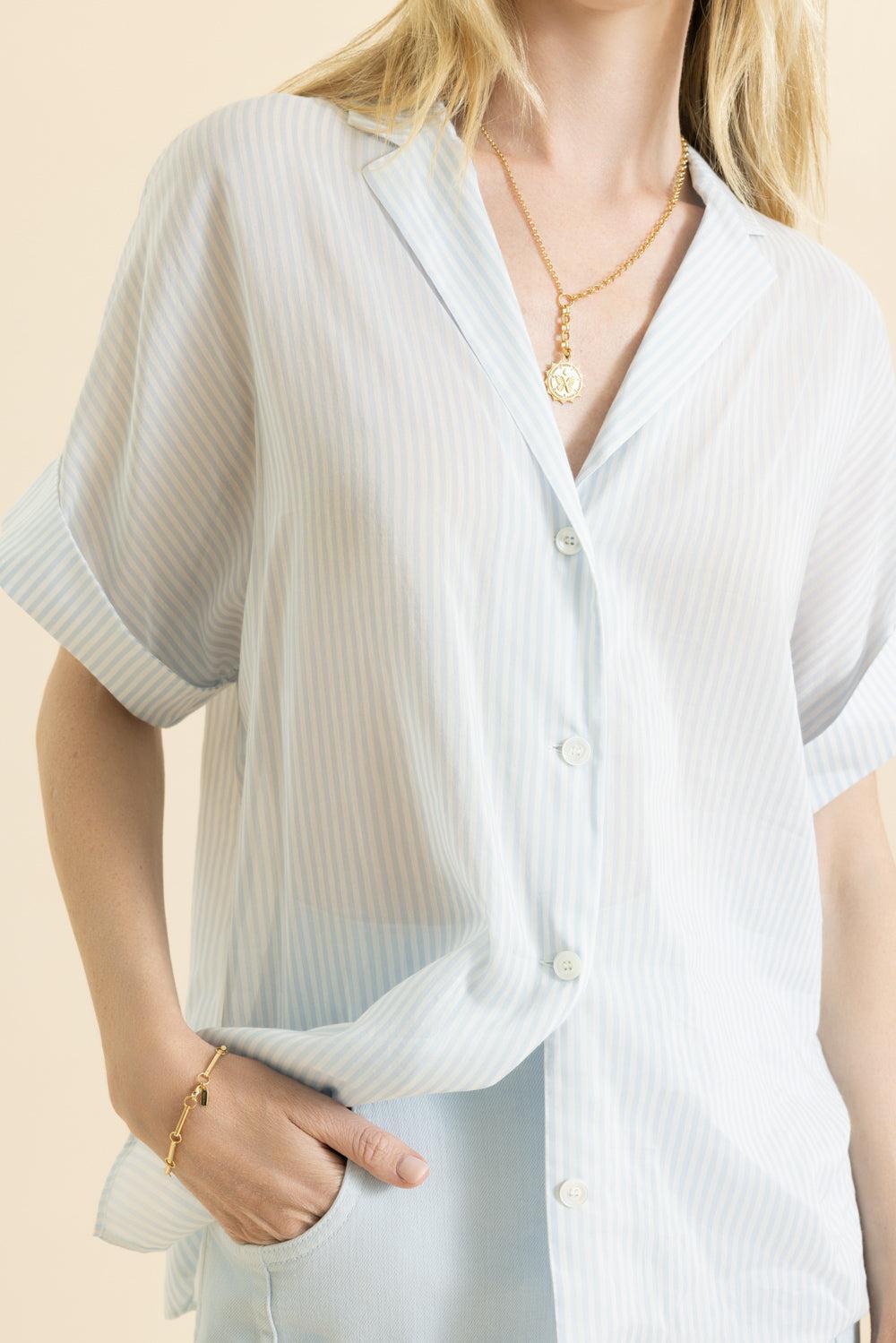 Short Sleeve Button Front Shirt-SKY BLUE-36-CLOTHINGTOPBLOUSE-ELEVENTY