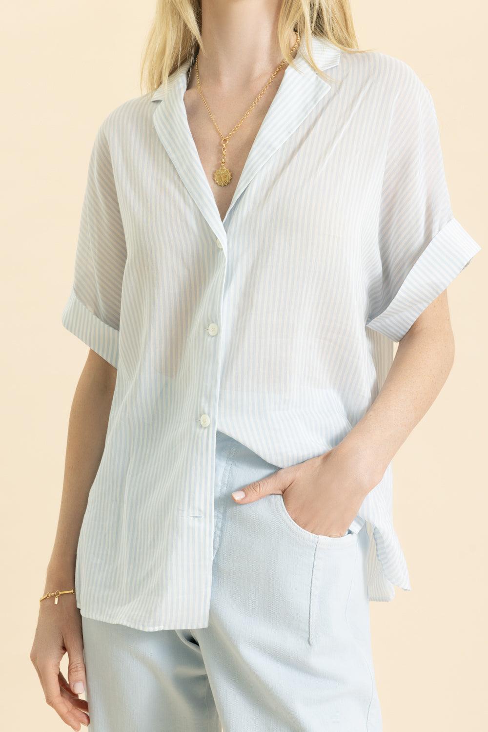Short Sleeve Button Front Shirt-SKY BLUE-36-CLOTHINGTOPBLOUSE-ELEVENTY