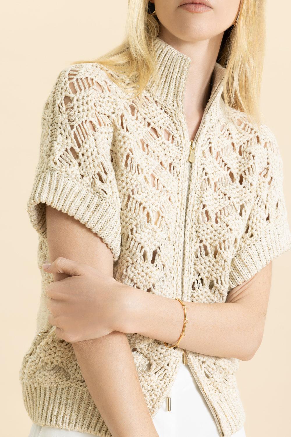Short Sleeve Zip Sweater-IVORY-XS-CLOTHINGTOPSWEATER-ELEVENTY