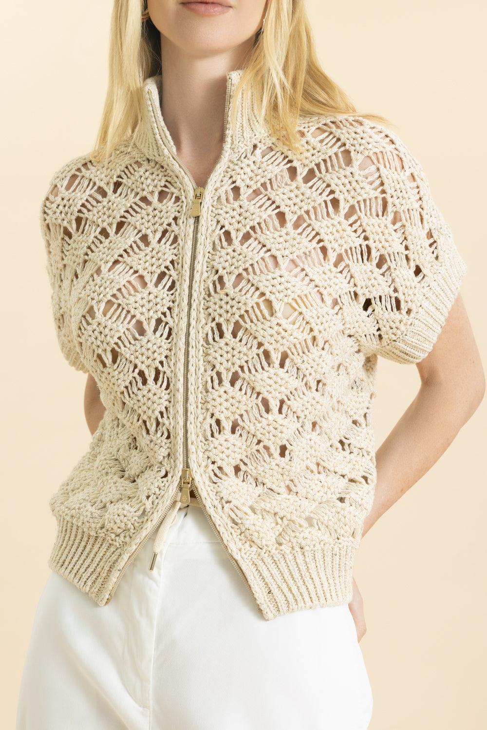 Short Sleeve Zip Sweater-IVORY-XS-CLOTHINGTOPSWEATER-ELEVENTY