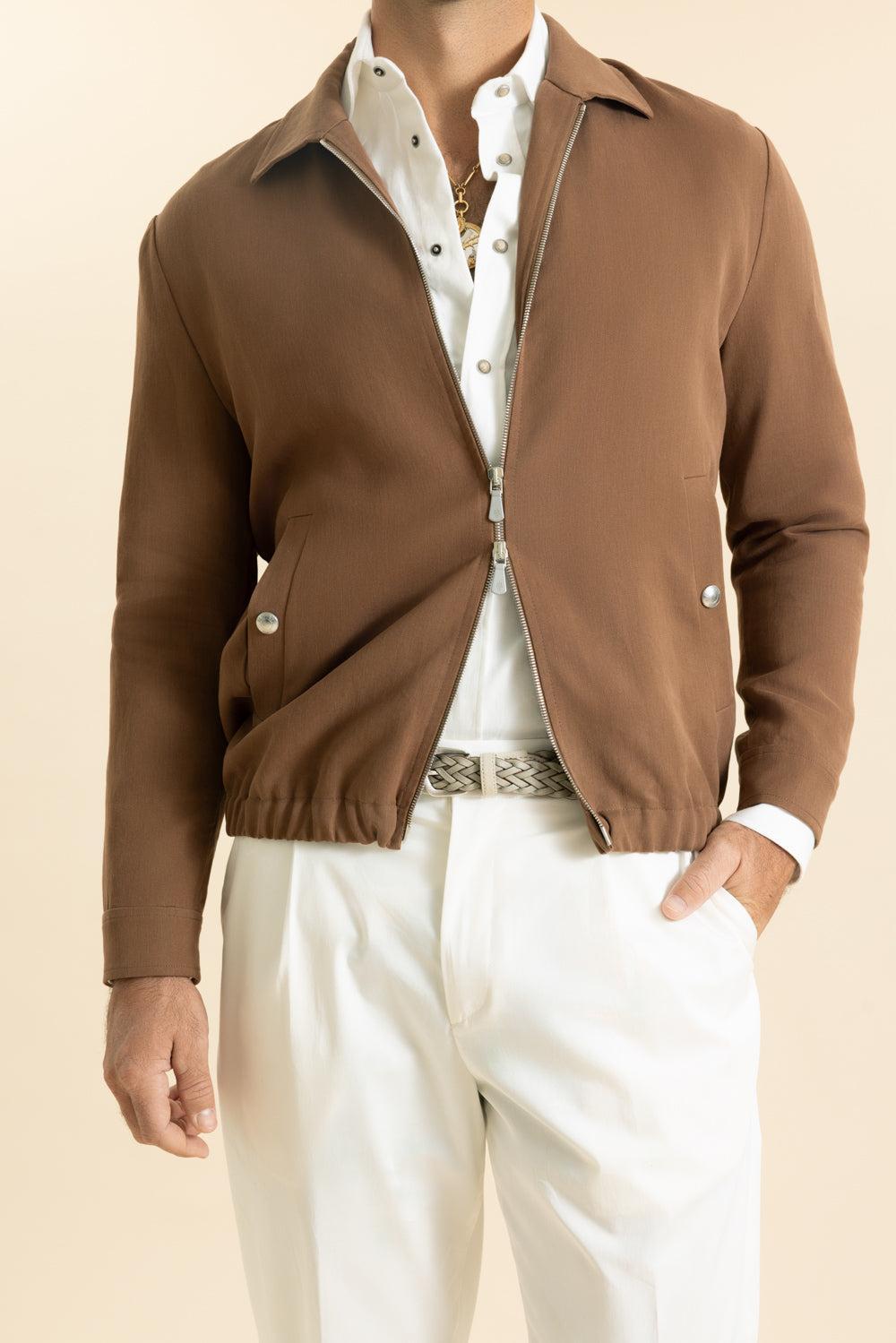 Zip Bomber Jacket-BROWN-50-MENSCLOTHINGJACKET-ELEVENTY