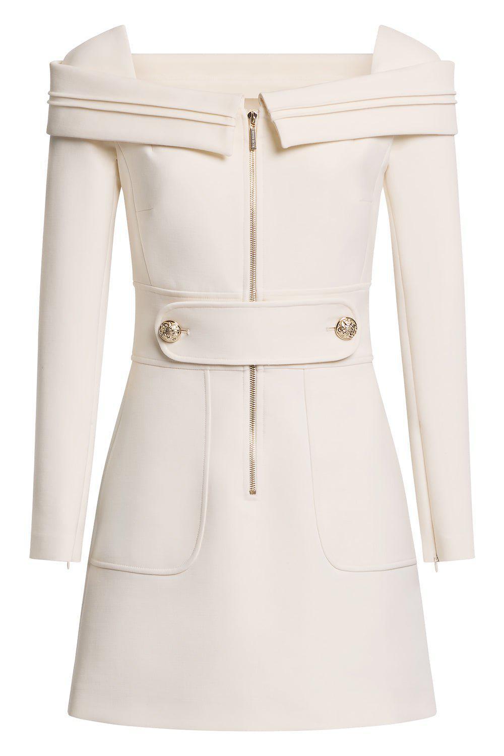 ELIE SAAB-Structured Long Sleeve Mini Dress-PWDR WHT