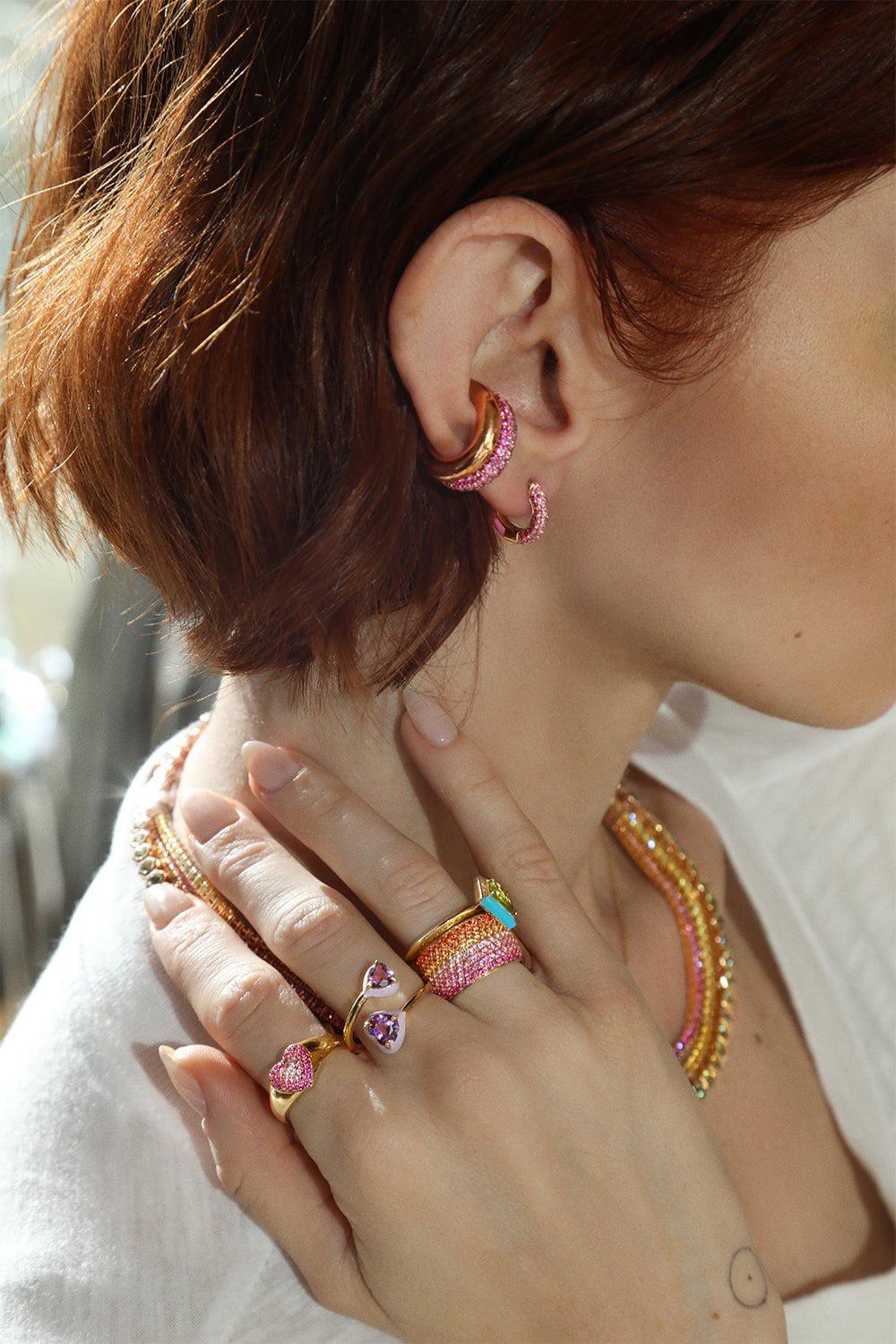 EMILY P WHEELER-Baby Duo Ruby Hoop Earrings-YELLOW GOLD
