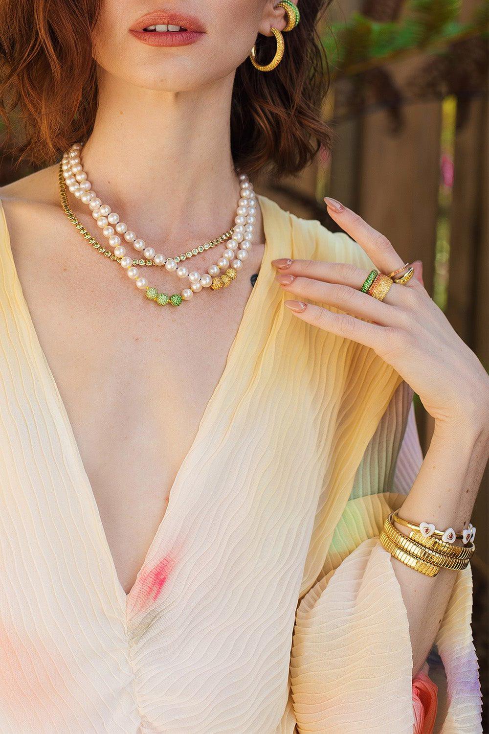 EMILY P WHEELER-Green Sapphire Pearl Layering Necklace-YELLOW GOLD