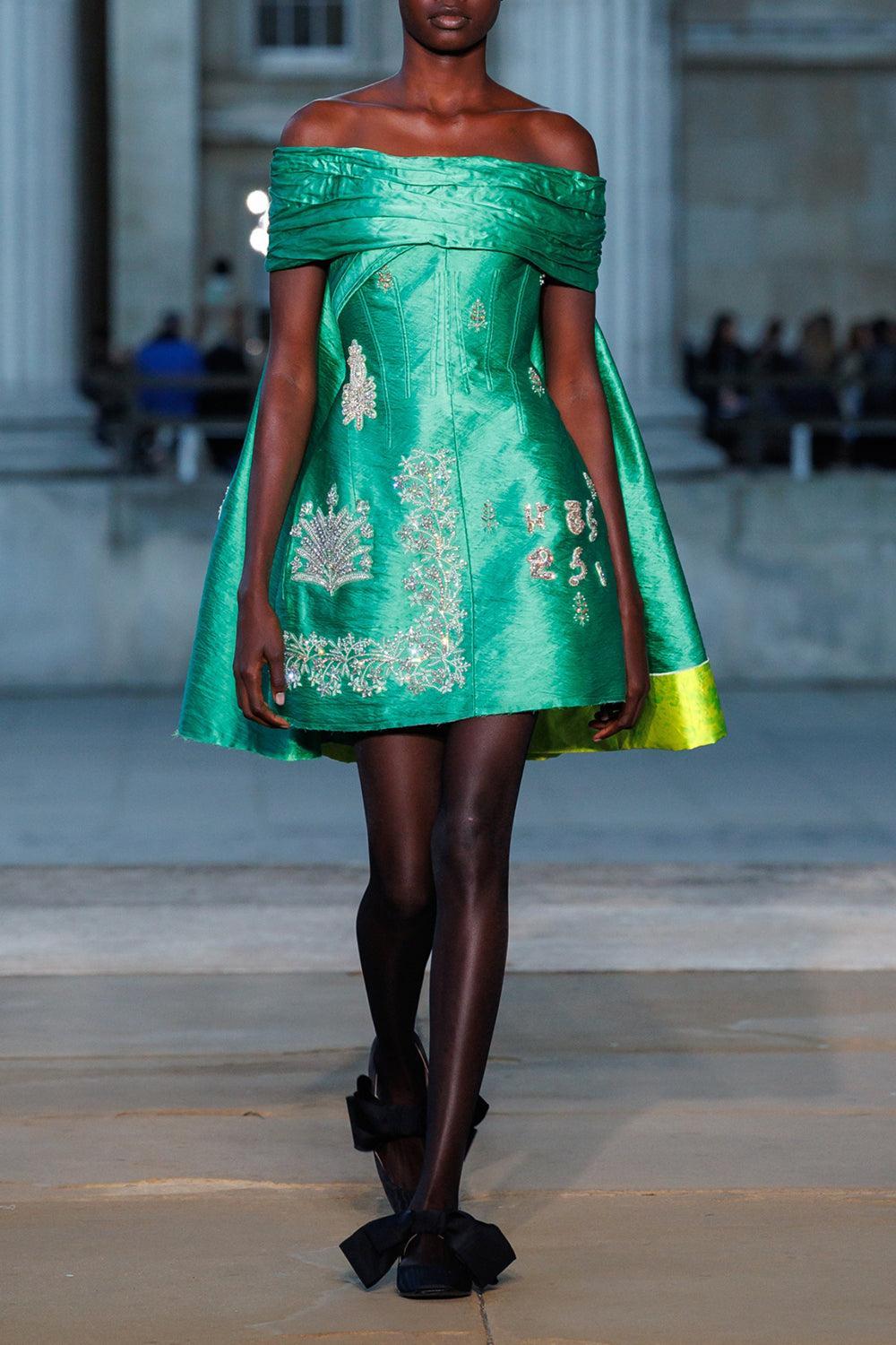 Embellished Texture Off The Shoulder Mini Dress-GREEN-6-CLOTHINGDRESSCOCKTAIL-ERDEM
