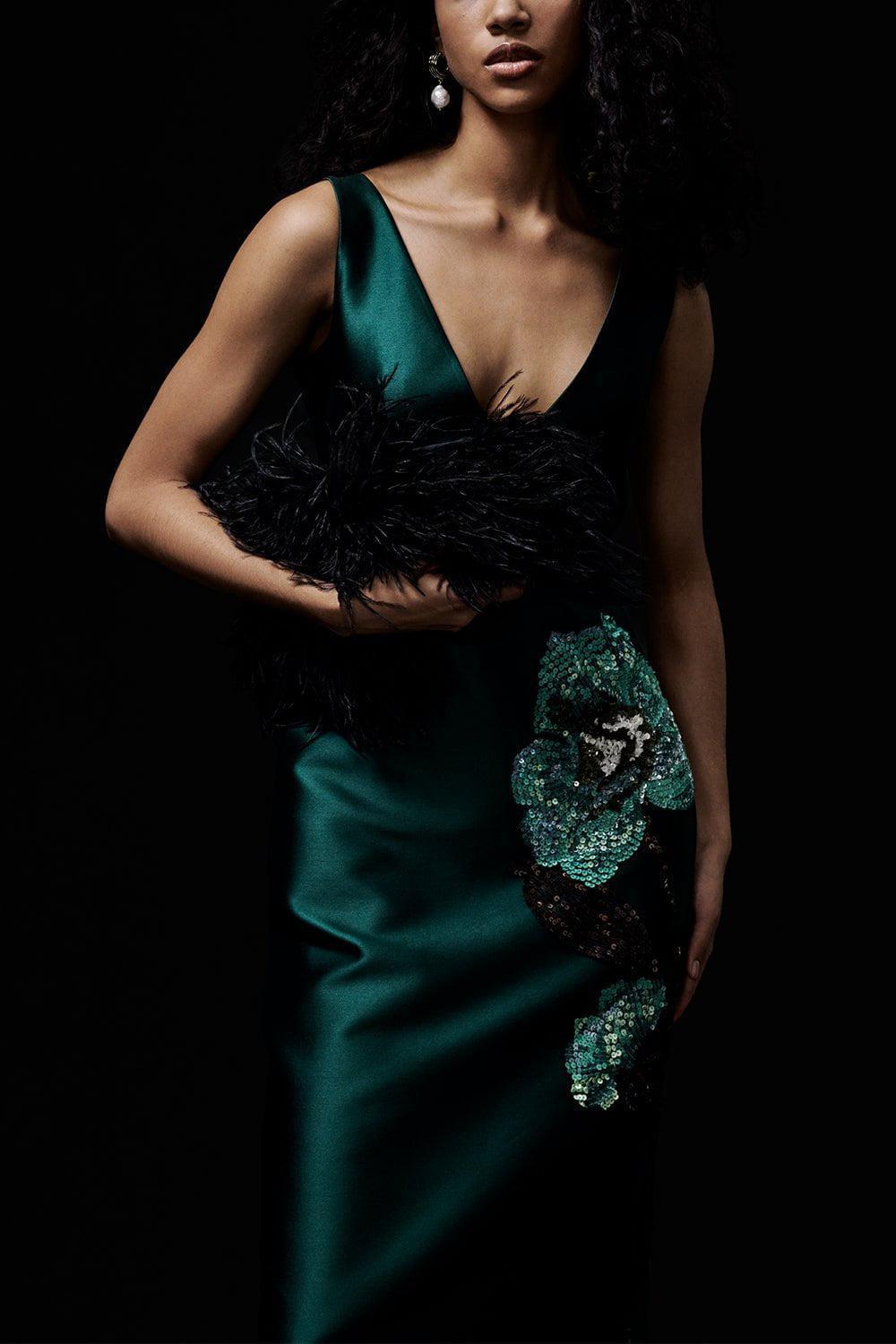 ERDEM-Sleeveless Vneck Midi Dress-PINE GRN