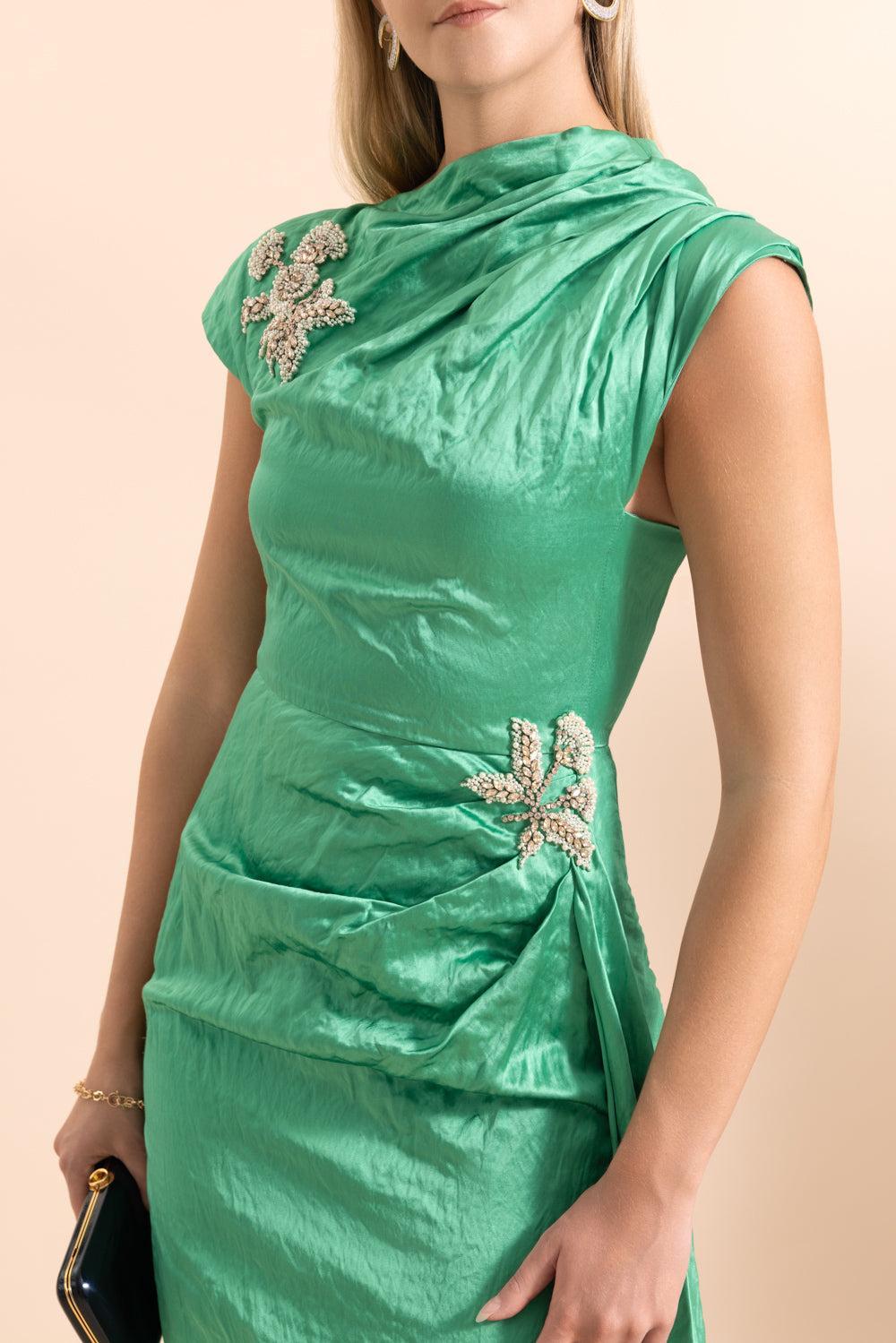 Embellished Texture Drape Gown-GREEN-2-CLOTHINGDRESSGOWN-ERDEM