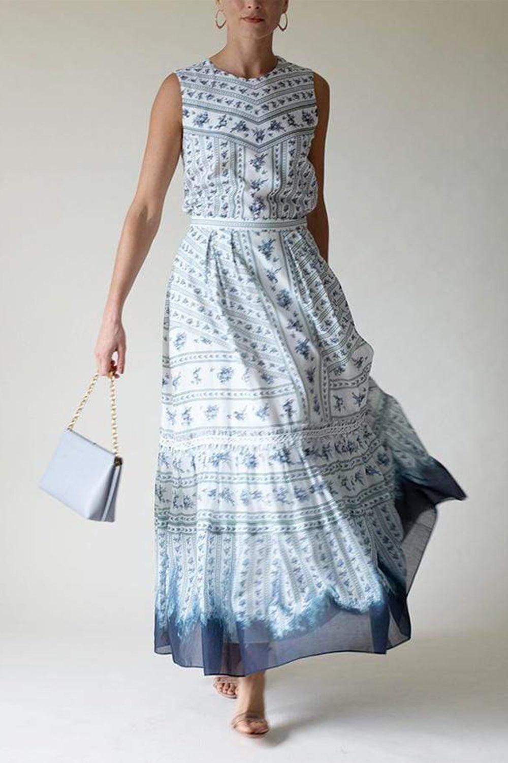 ERDEM-Tavi Floor Length Print Skirt-BLUE