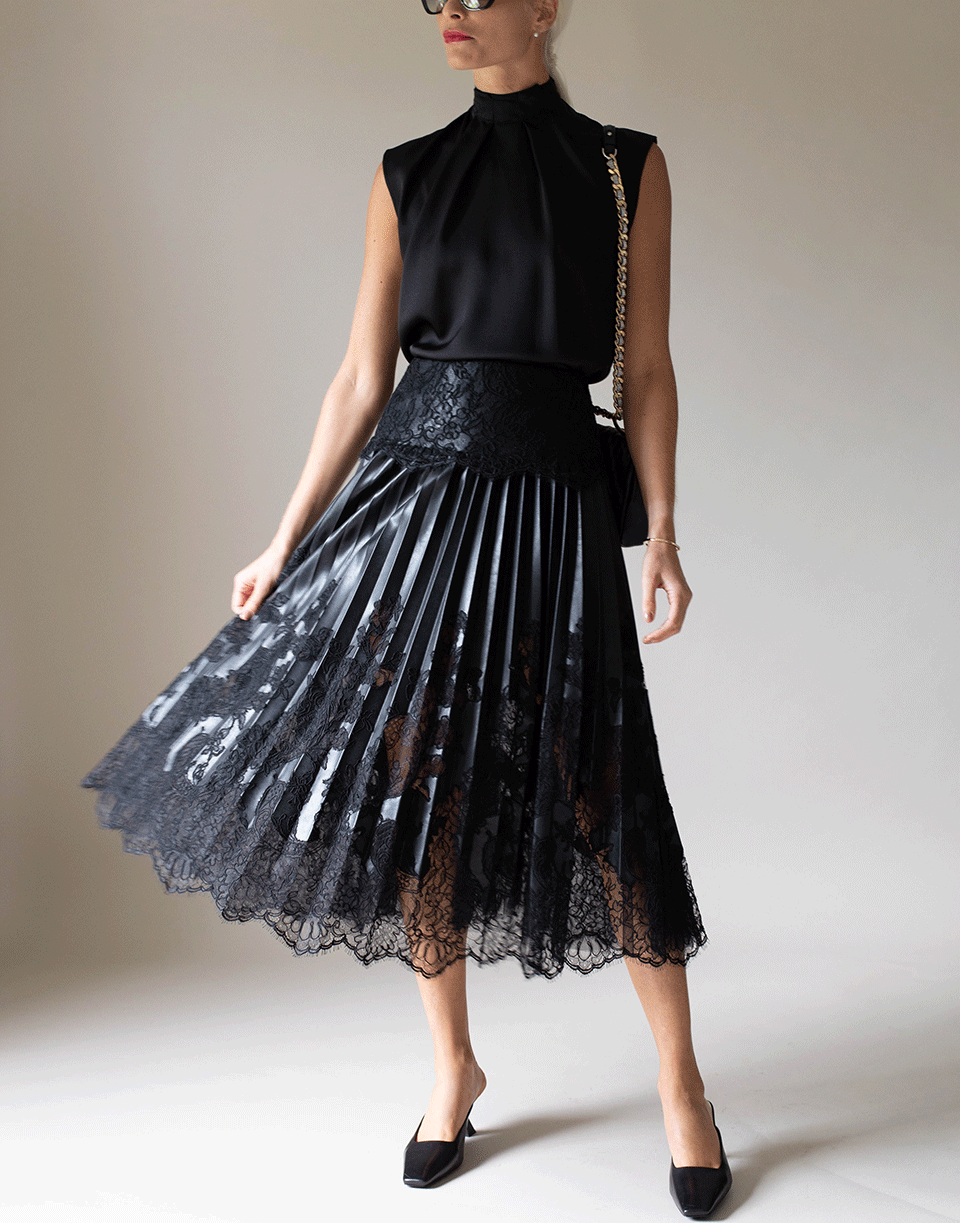 ERMANNO SCERVINO-Black Leather Pleated Lace Skirt-