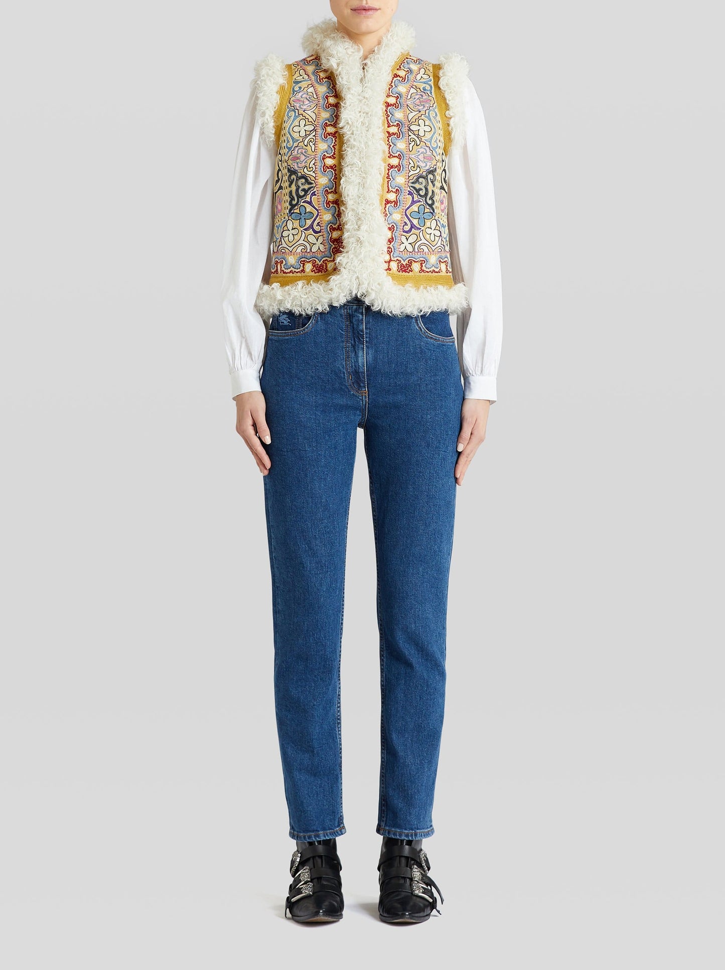 ETRO-Newport Leather Shearling Printed Vest-GIALLO