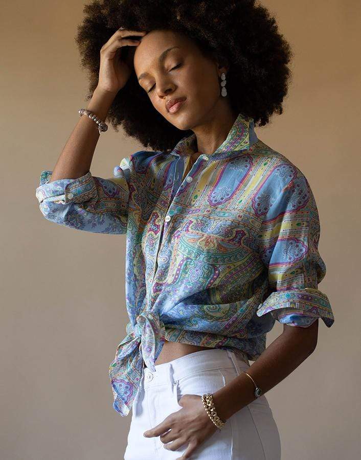ETRO-Light Blue Button Down Printed Blouse-