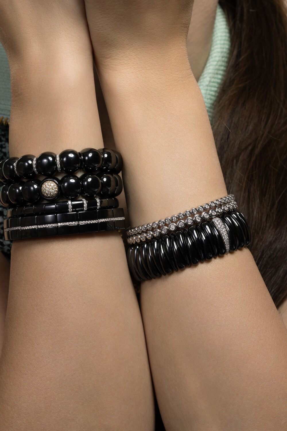 Three Diamond Bar Black Pura Stretch Bracelet-WHITE GOLD-JEWELRYFINE JEWELBRACELET O-ROBERTO DEMEGLIO