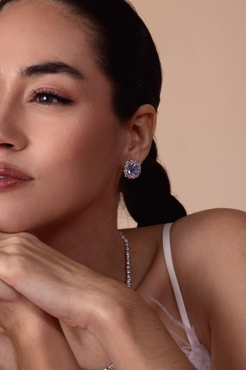 FANTASIA by DESERIO-Aqua Asscher CZ Earring-BLUE