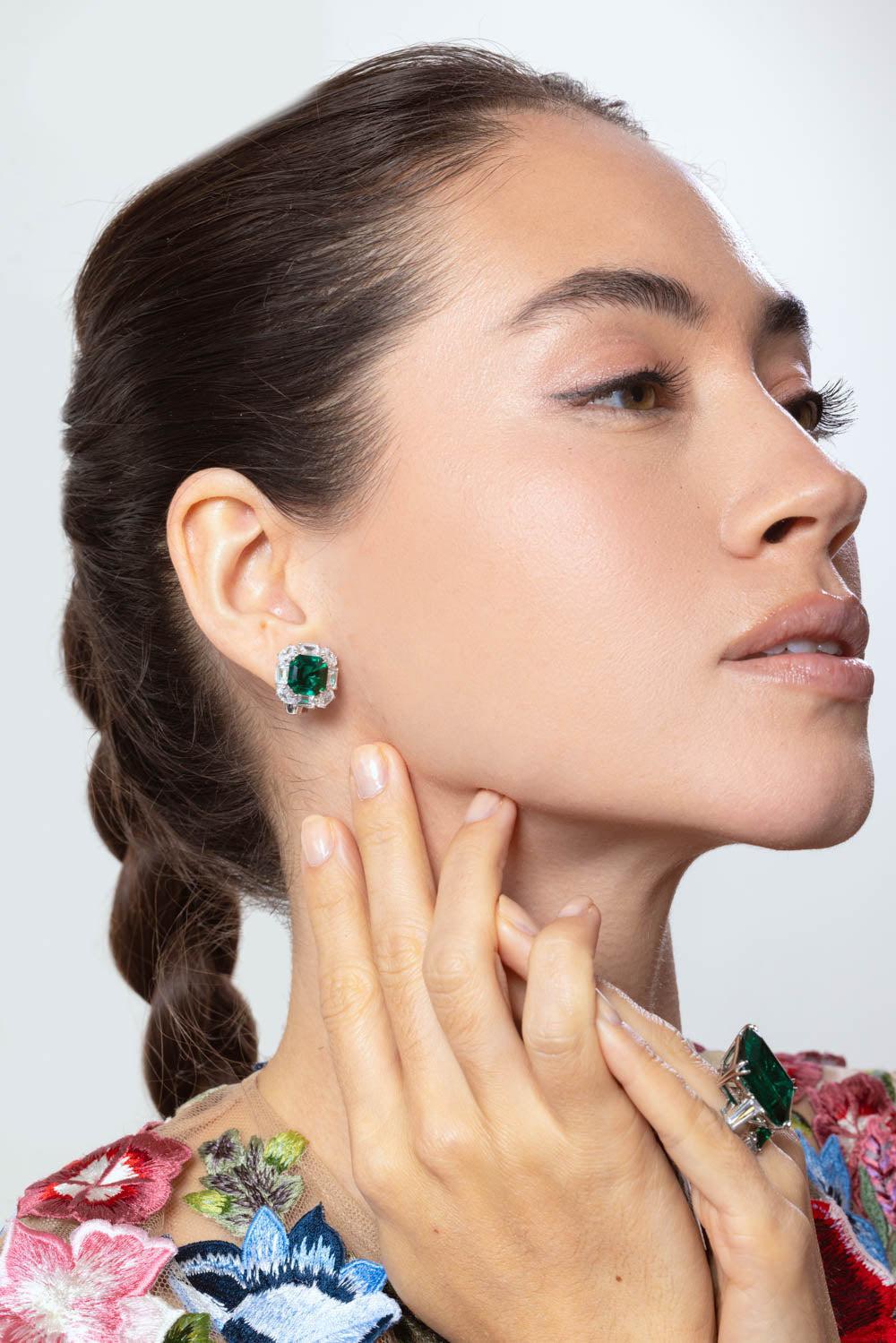 FANTASIA by DESERIO-Emerald Square Baguette Earrings-GREEN