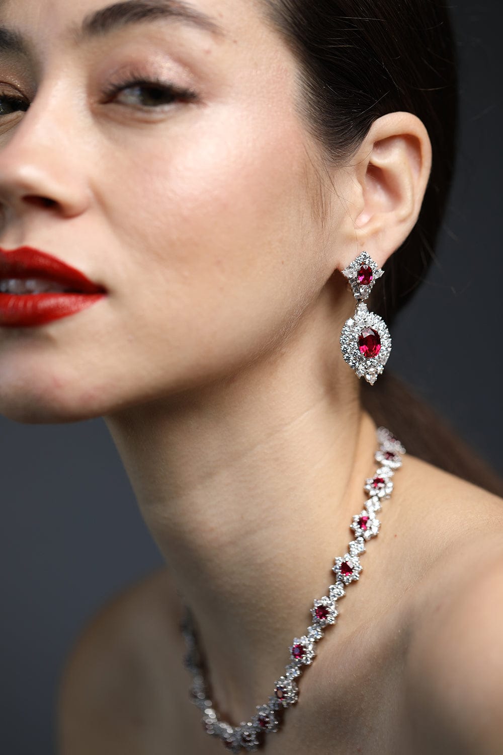 FANTASIA by DESERIO-Red CZ Oval Cluster Drop Earrings-RED